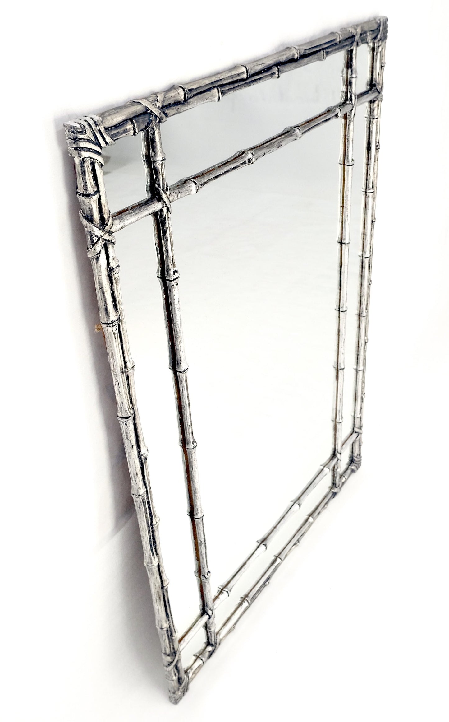 EstablishedLines Hollywood Regency Cast Aluminum Faux Bamboo Silvered Gilt Metal Rectangle Mirror