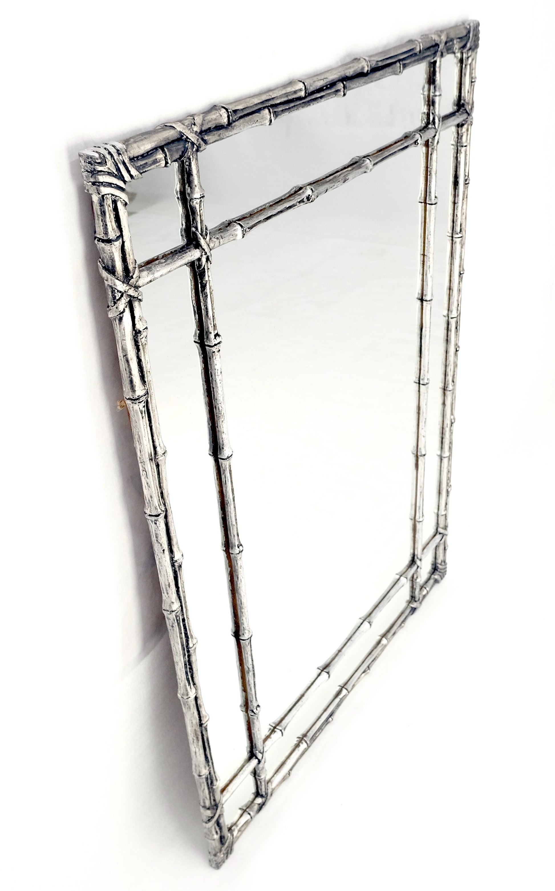 EstablishedLines Hollywood Regency Cast Aluminum Faux Bamboo Silvered Gilt Metal Rectangle Mirror