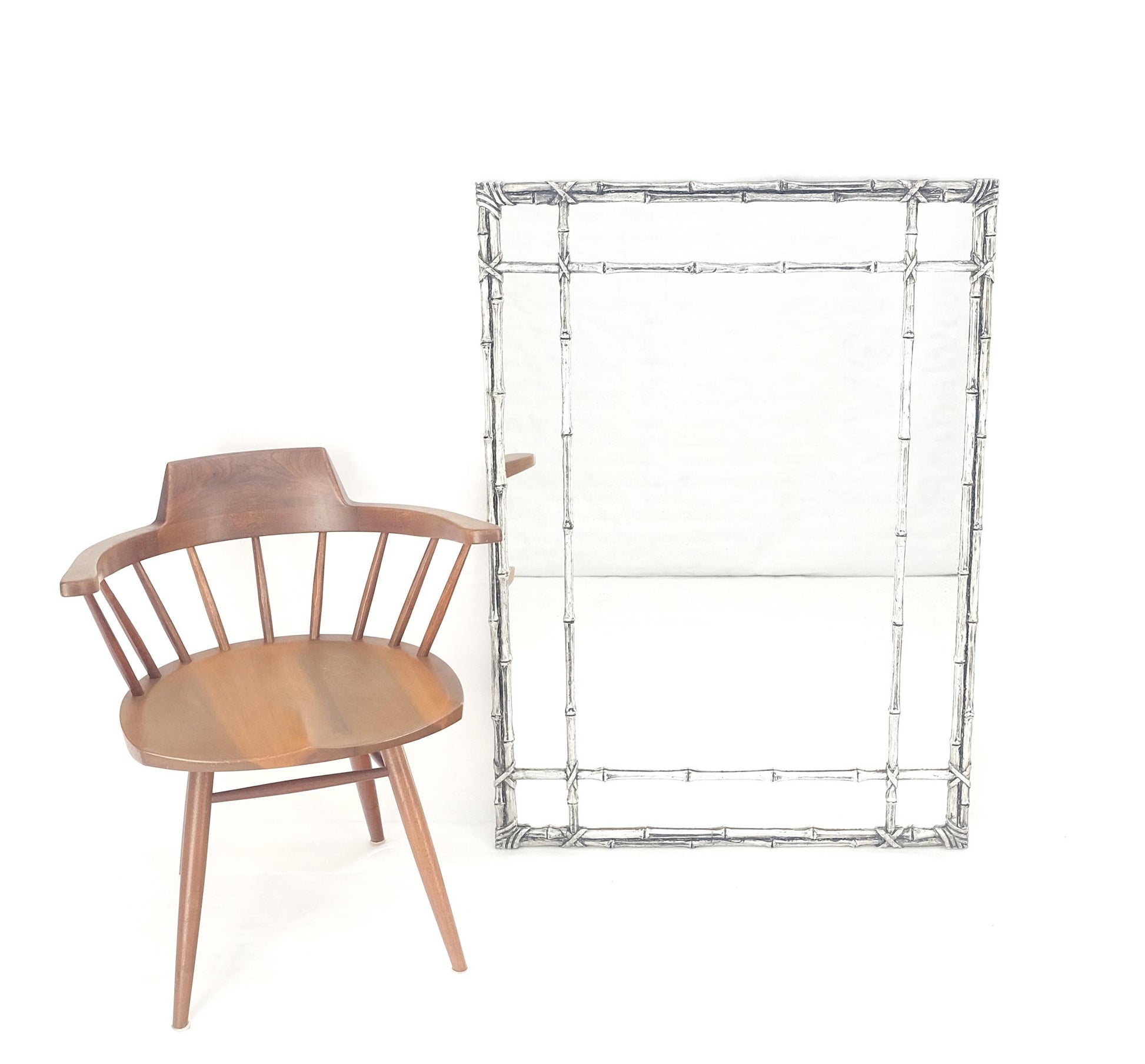EstablishedLines Hollywood Regency Cast Aluminum Faux Bamboo Silvered Gilt Metal Rectangle Mirror