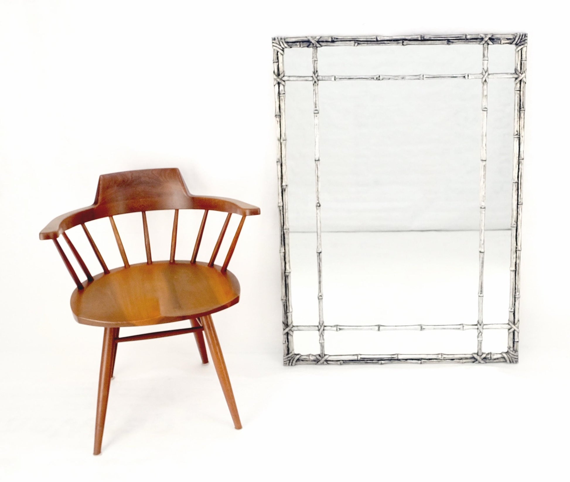 EstablishedLines Hollywood Regency Cast Aluminum Faux Bamboo Silvered Gilt Metal Rectangle Mirror