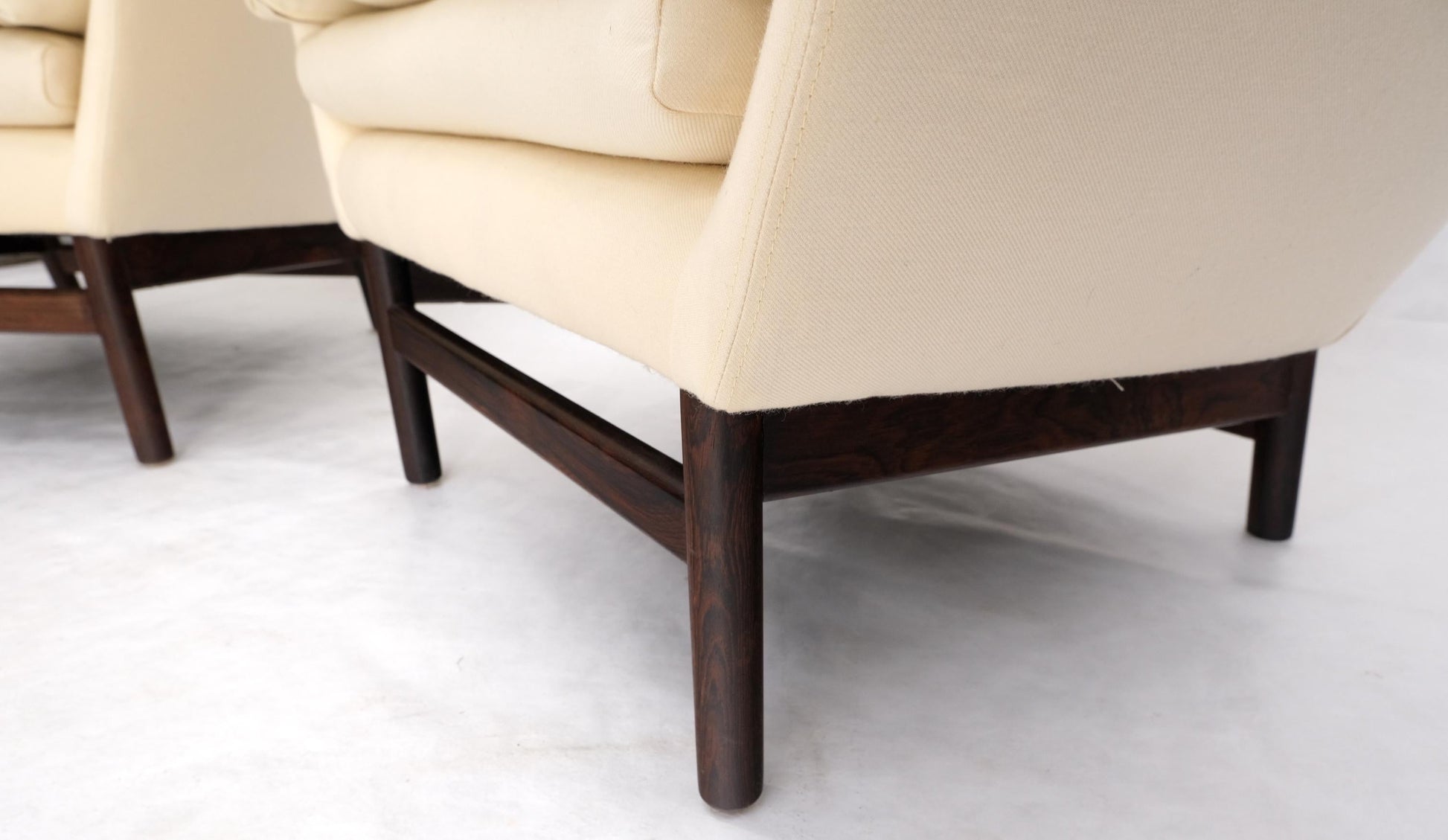 EstablishedLines Solid Rosewood Dowel Shape Legs New Soft Wool Upholstery Danish Lounge Chairs