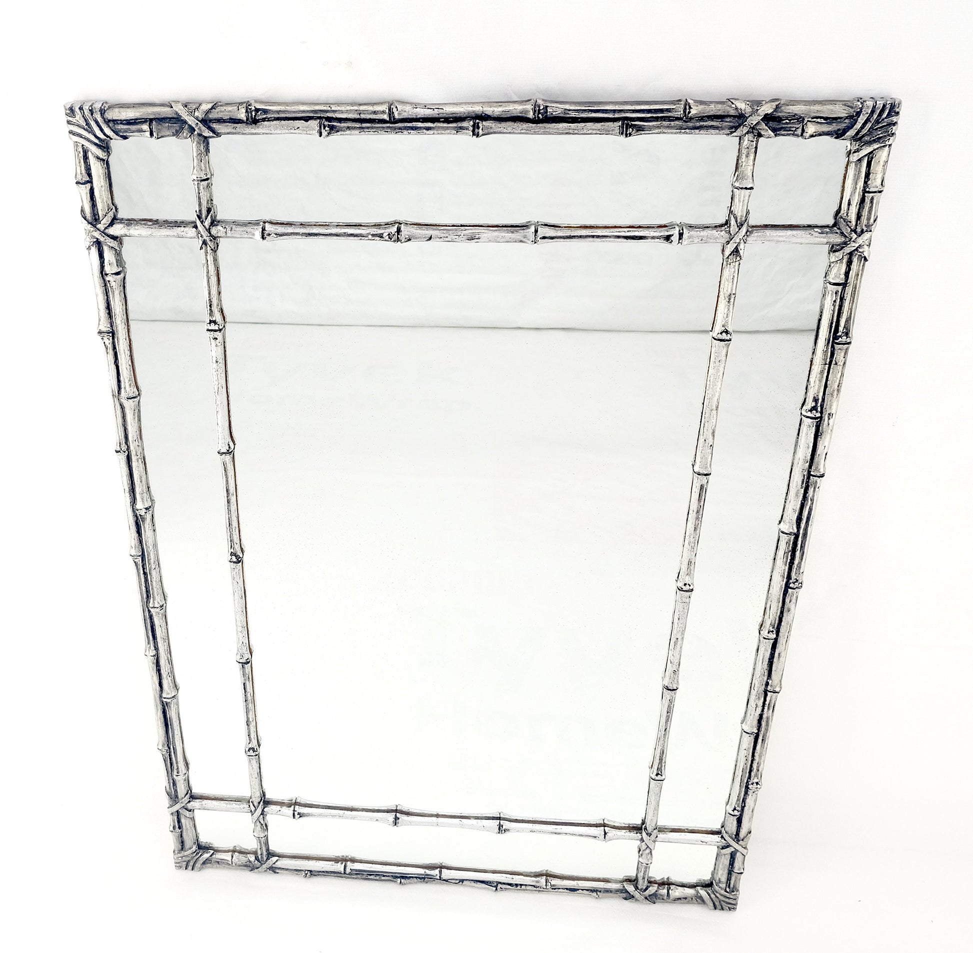 EstablishedLines Hollywood Regency Cast Aluminum Faux Bamboo Silvered Gilt Metal Rectangle Mirror