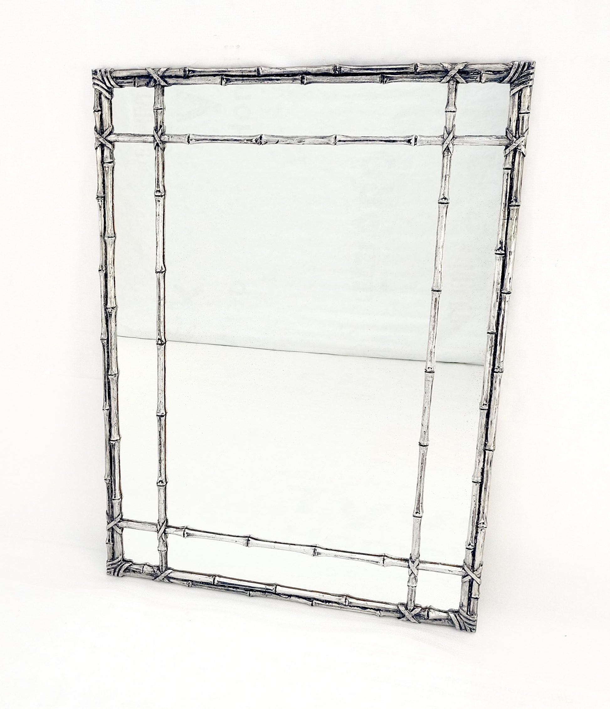 EstablishedLines Hollywood Regency Cast Aluminum Faux Bamboo Silvered Gilt Metal Rectangle Mirror