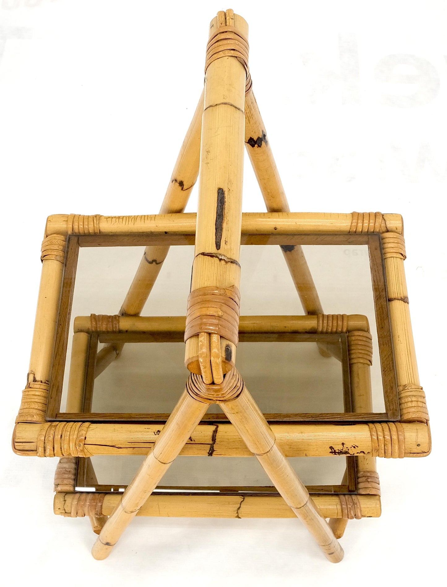 EstablishedLines Smoked Glass Two Tier Burnt Bamboo Top Handle Occasional Side Table Stand MINT!