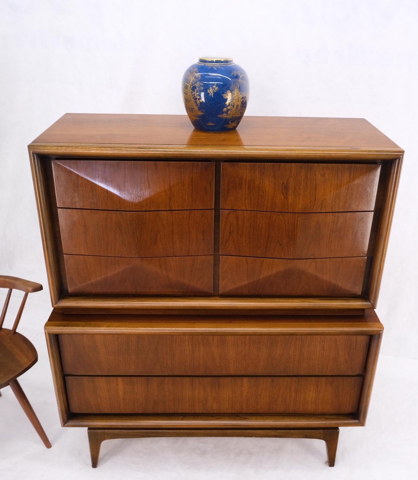 EstablishedLines Mid-Century Modern Diamond Front Walnut 8 Drawers High Chest Dresser Cabinet
