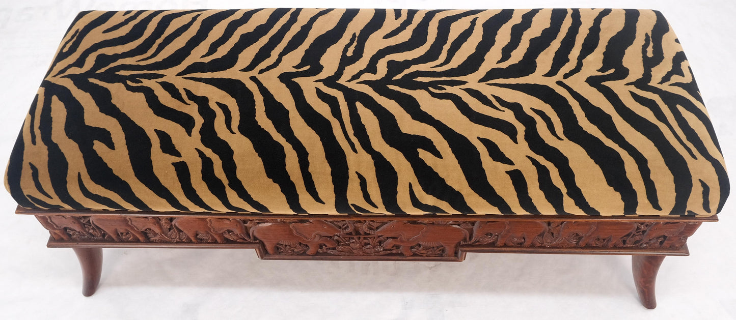 EstablishedLines Heavy Solid Carved Elephants Teak Base Tiger Upholstery Horn Leg Bench MINT!