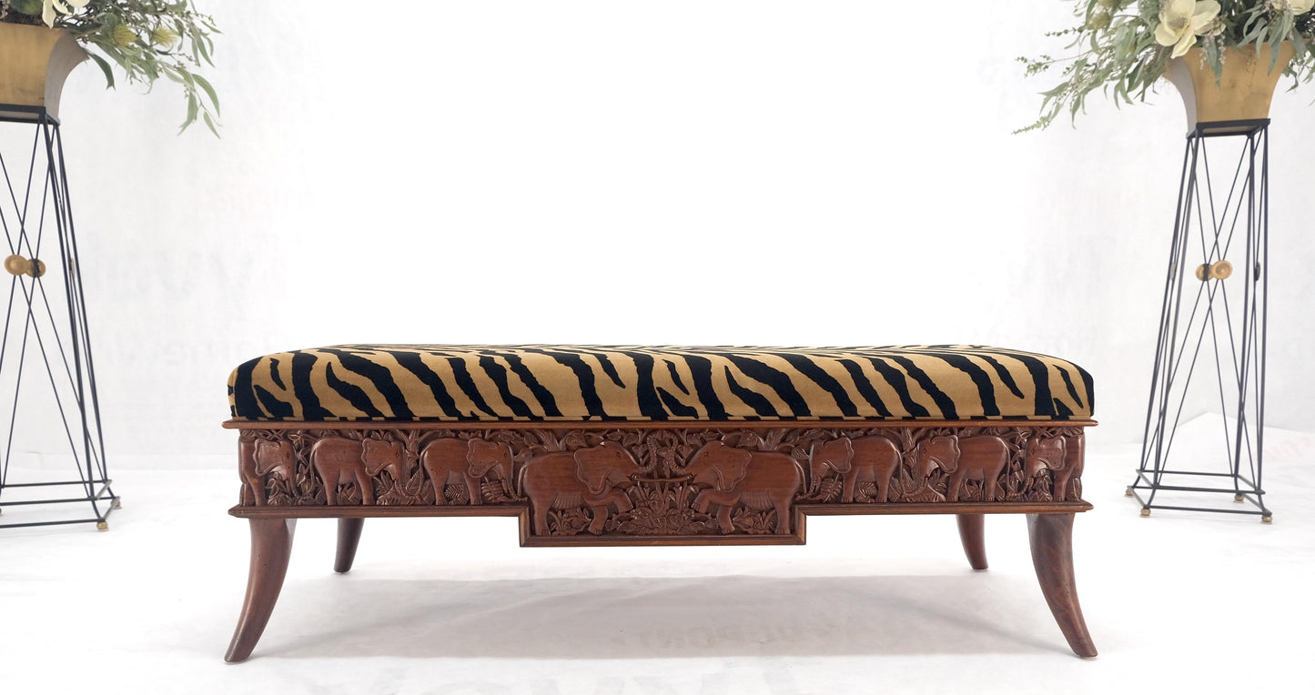 EstablishedLines Heavy Solid Carved Elephants Teak Base Tiger Upholstery Horn Leg Bench MINT!
