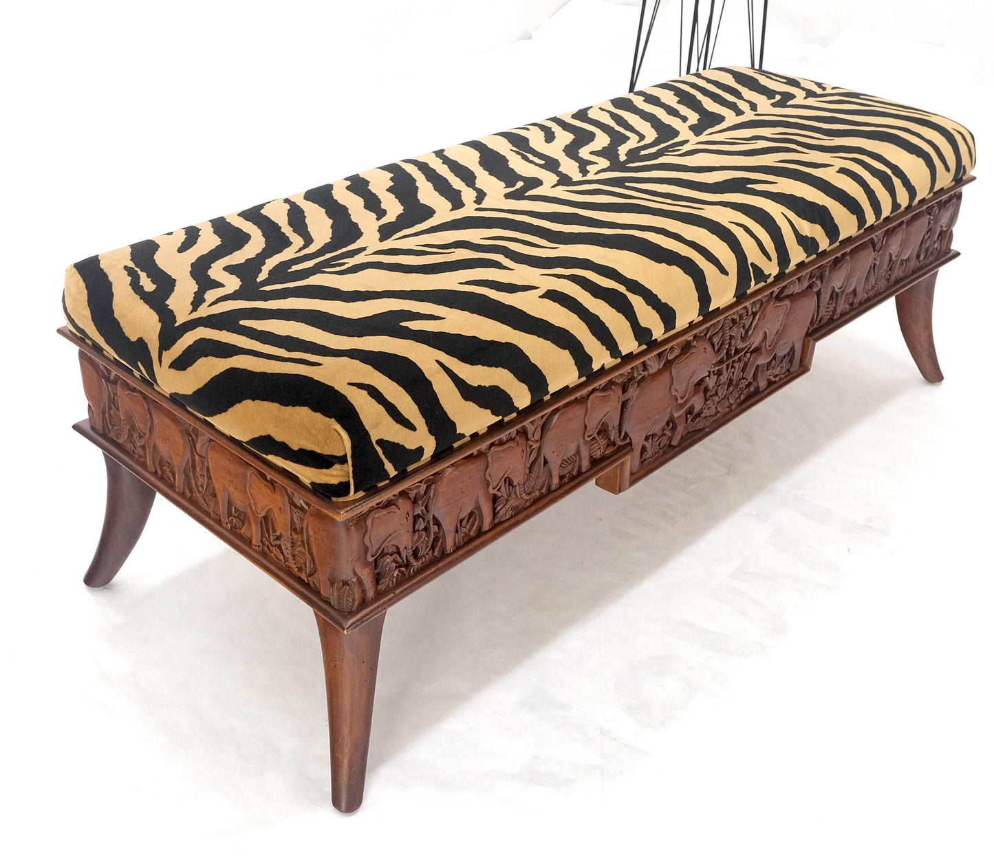 EstablishedLines Heavy Solid Carved Elephants Teak Base Tiger Upholstery Horn Leg Bench MINT!