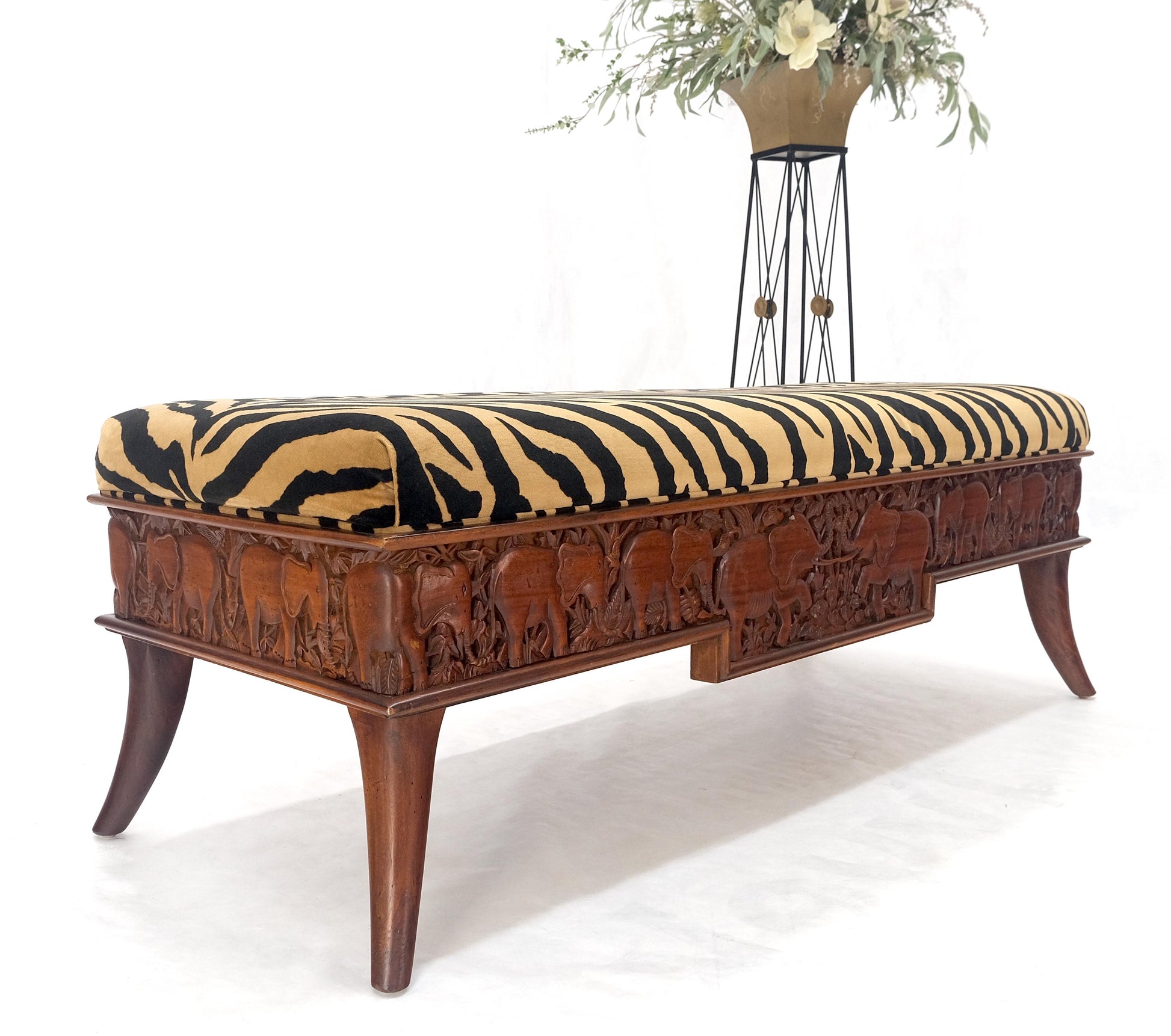 EstablishedLines Heavy Solid Carved Elephants Teak Base Tiger Upholstery Horn Leg Bench MINT!