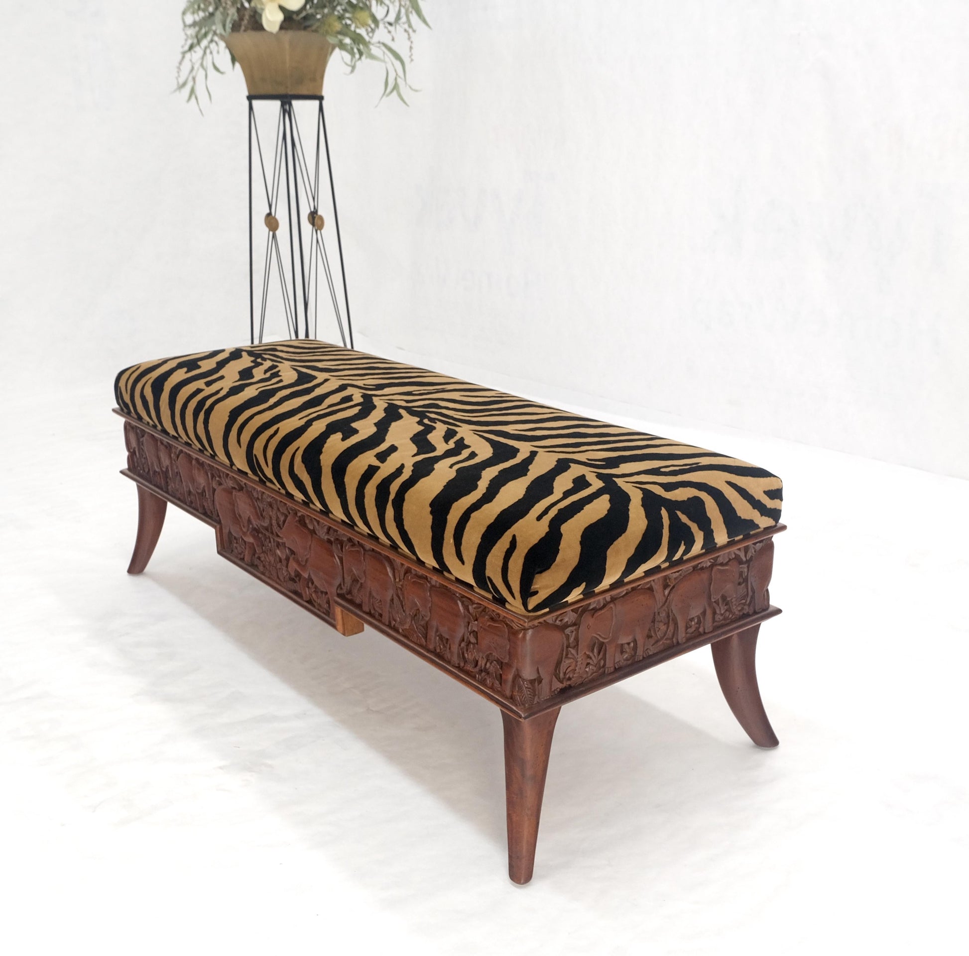 EstablishedLines Heavy Solid Carved Elephants Teak Base Tiger Upholstery Horn Leg Bench MINT!