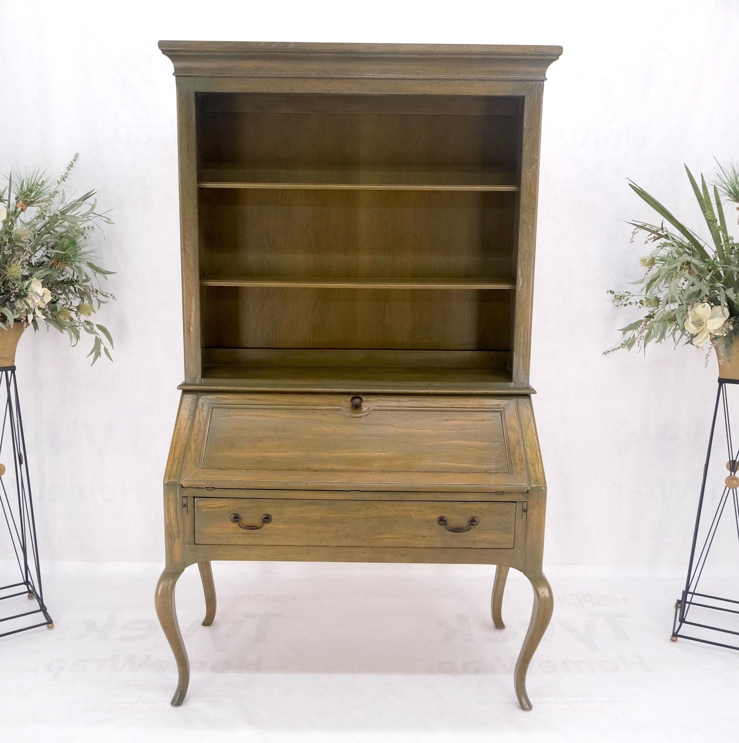 EstablishedLines Henredon Solid Oak Olive Finish Wide Open Bookcase Secretary Desk Country French