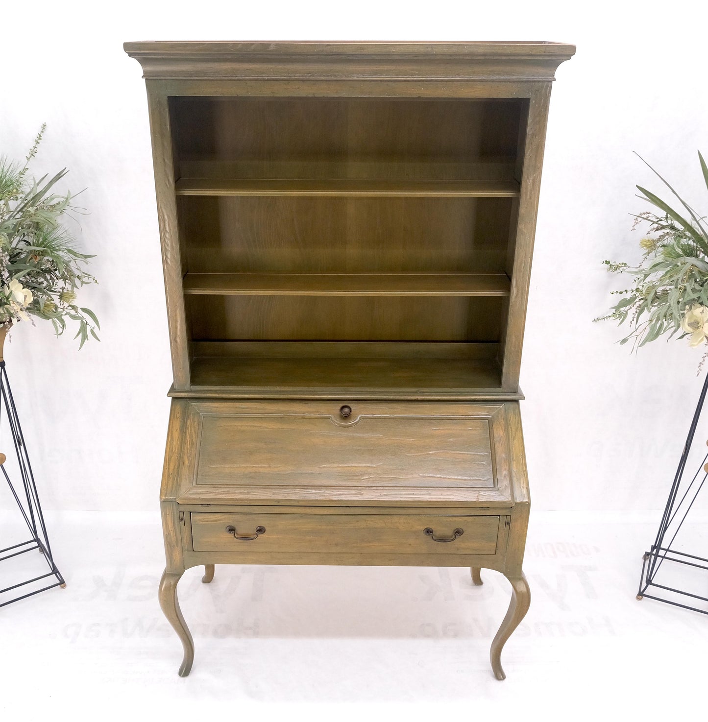 EstablishedLines Henredon Solid Oak Olive Finish Wide Open Bookcase Secretary Desk Country French