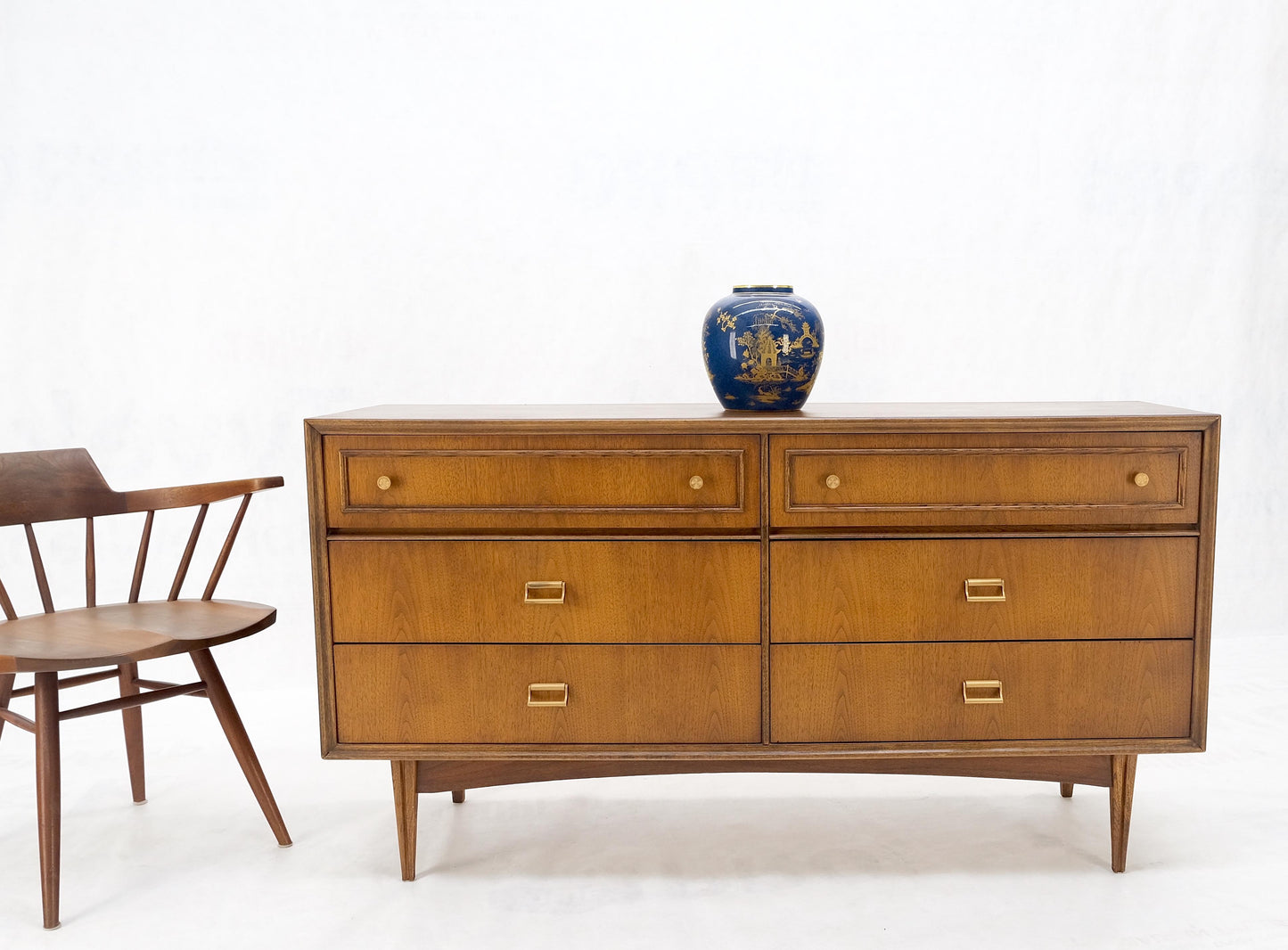 EstablishedLines American Mid Century Modern 6 Drawers Walnut Dresser Brass Hardware MINT!