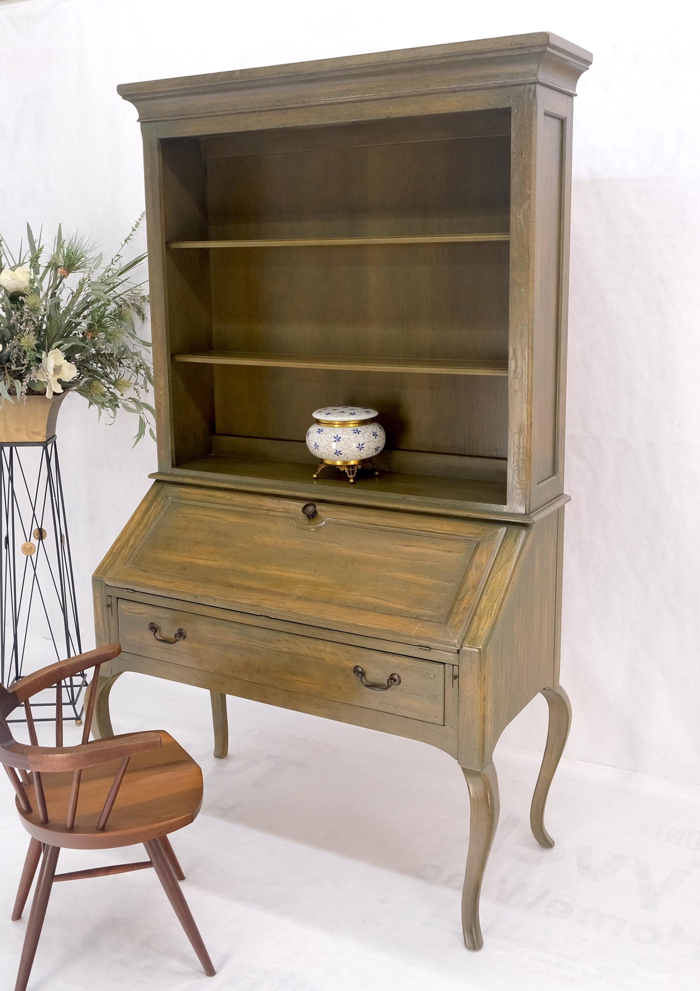 EstablishedLines Henredon Solid Oak Olive Finish Wide Open Bookcase Secretary Desk Country French