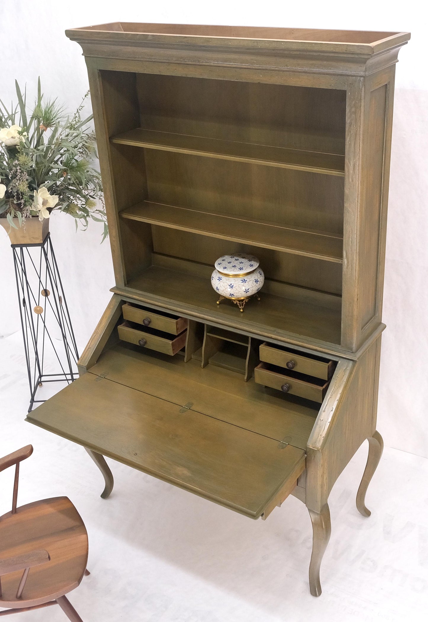 EstablishedLines Henredon Solid Oak Olive Finish Wide Open Bookcase Secretary Desk Country French