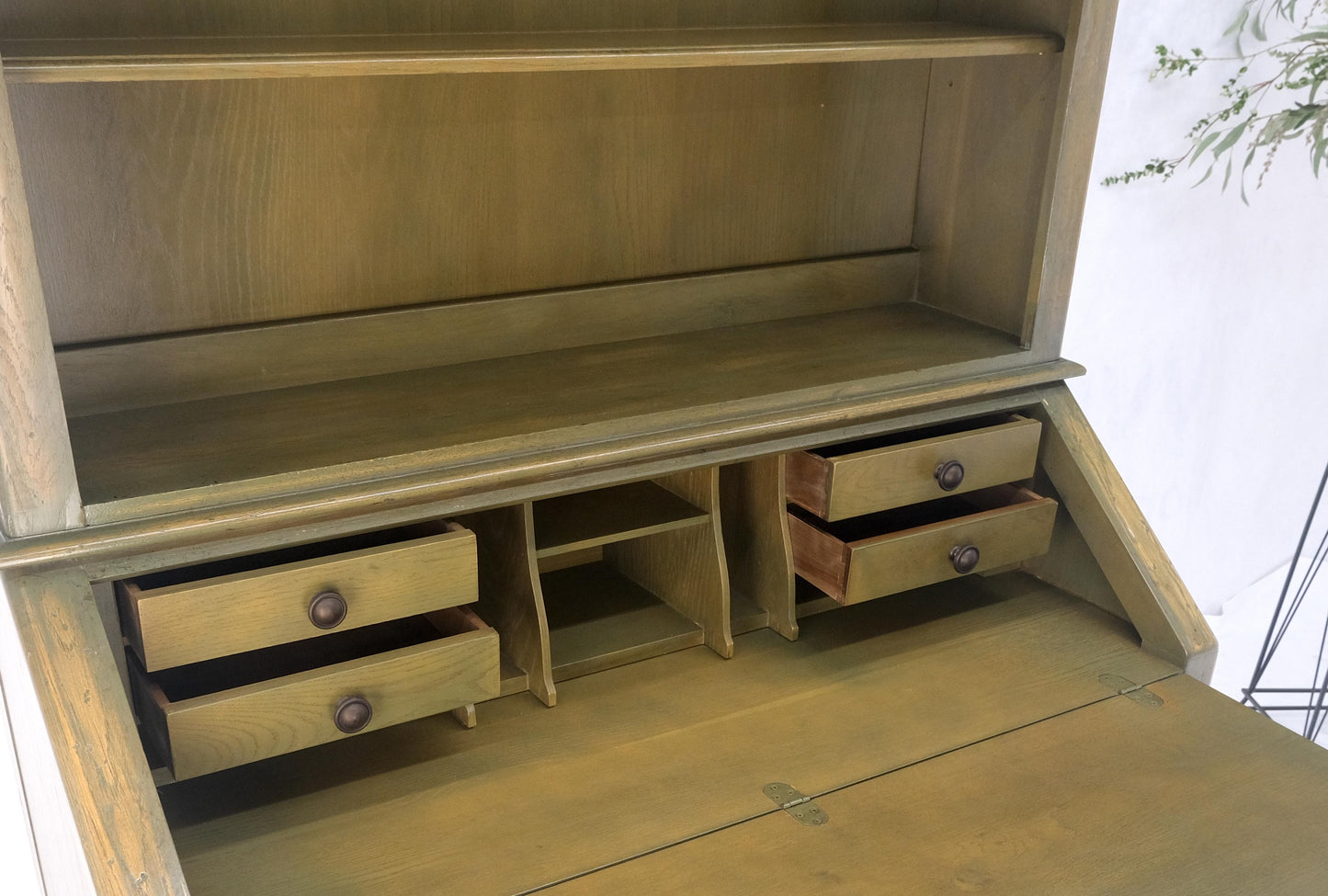 EstablishedLines Henredon Solid Oak Olive Finish Wide Open Bookcase Secretary Desk Country French