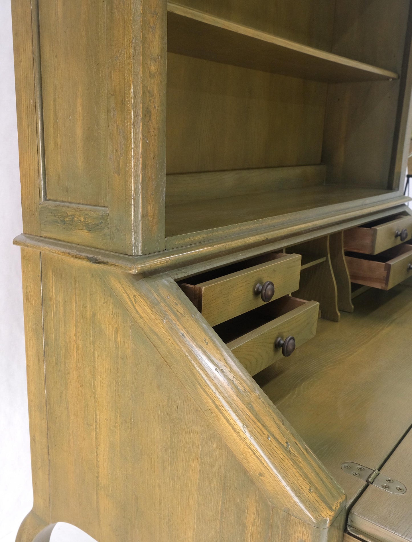 EstablishedLines Henredon Solid Oak Olive Finish Wide Open Bookcase Secretary Desk Country French