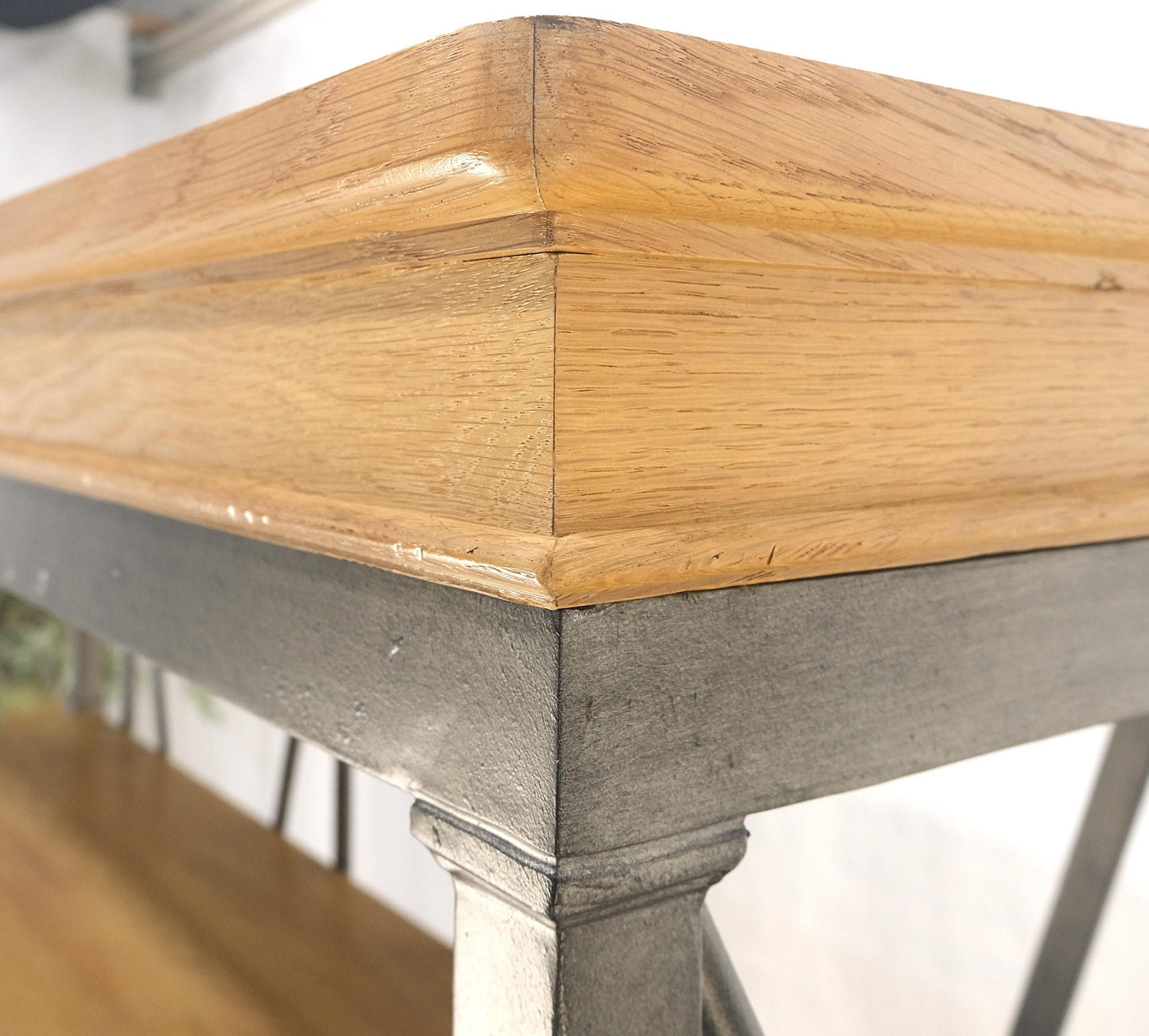 EstablishedLines Large Drexel Oak Shelves 5' Wide Iron Etagere Bakers Rack 3 Drawer Console MINT