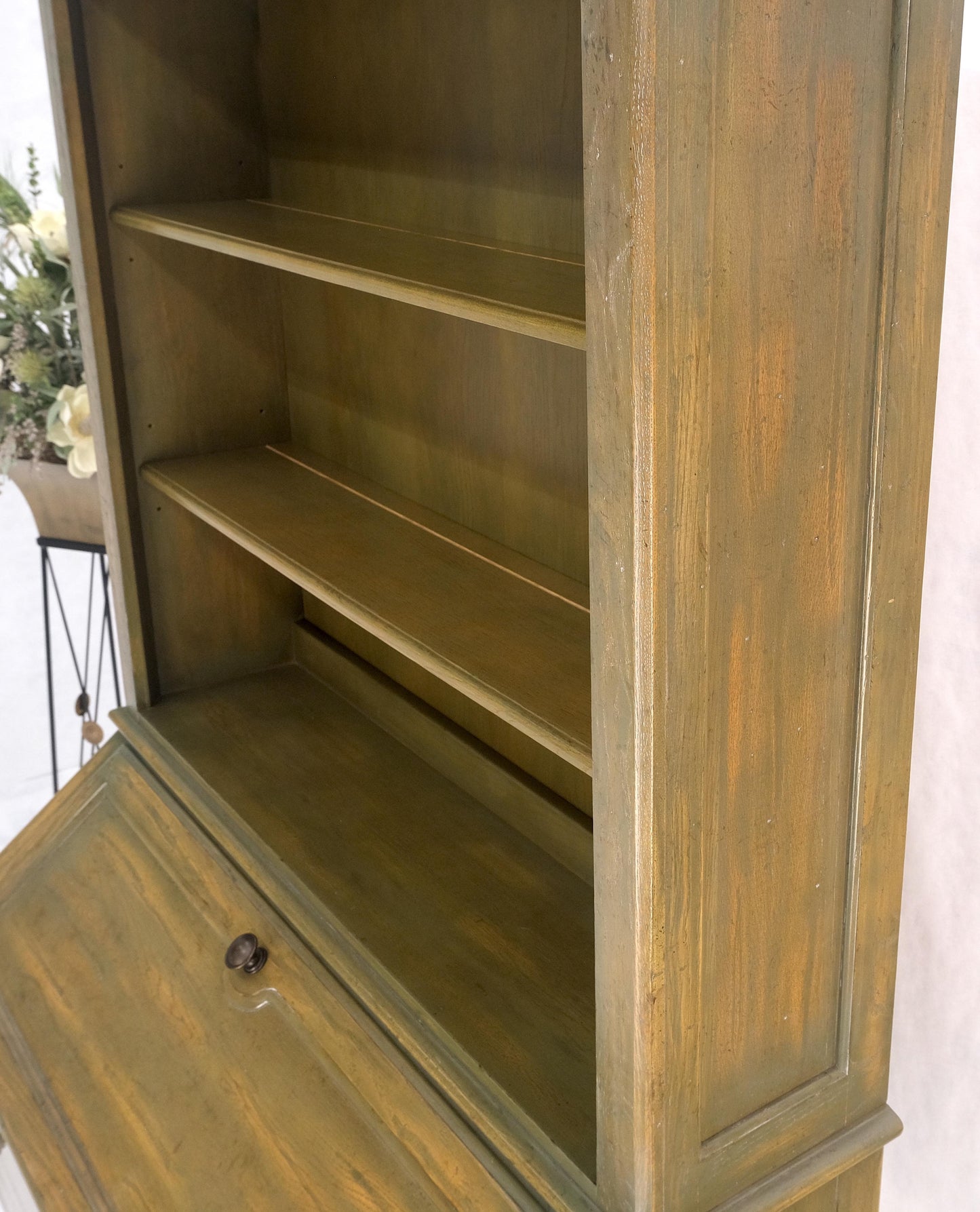 EstablishedLines Henredon Solid Oak Olive Finish Wide Open Bookcase Secretary Desk Country French