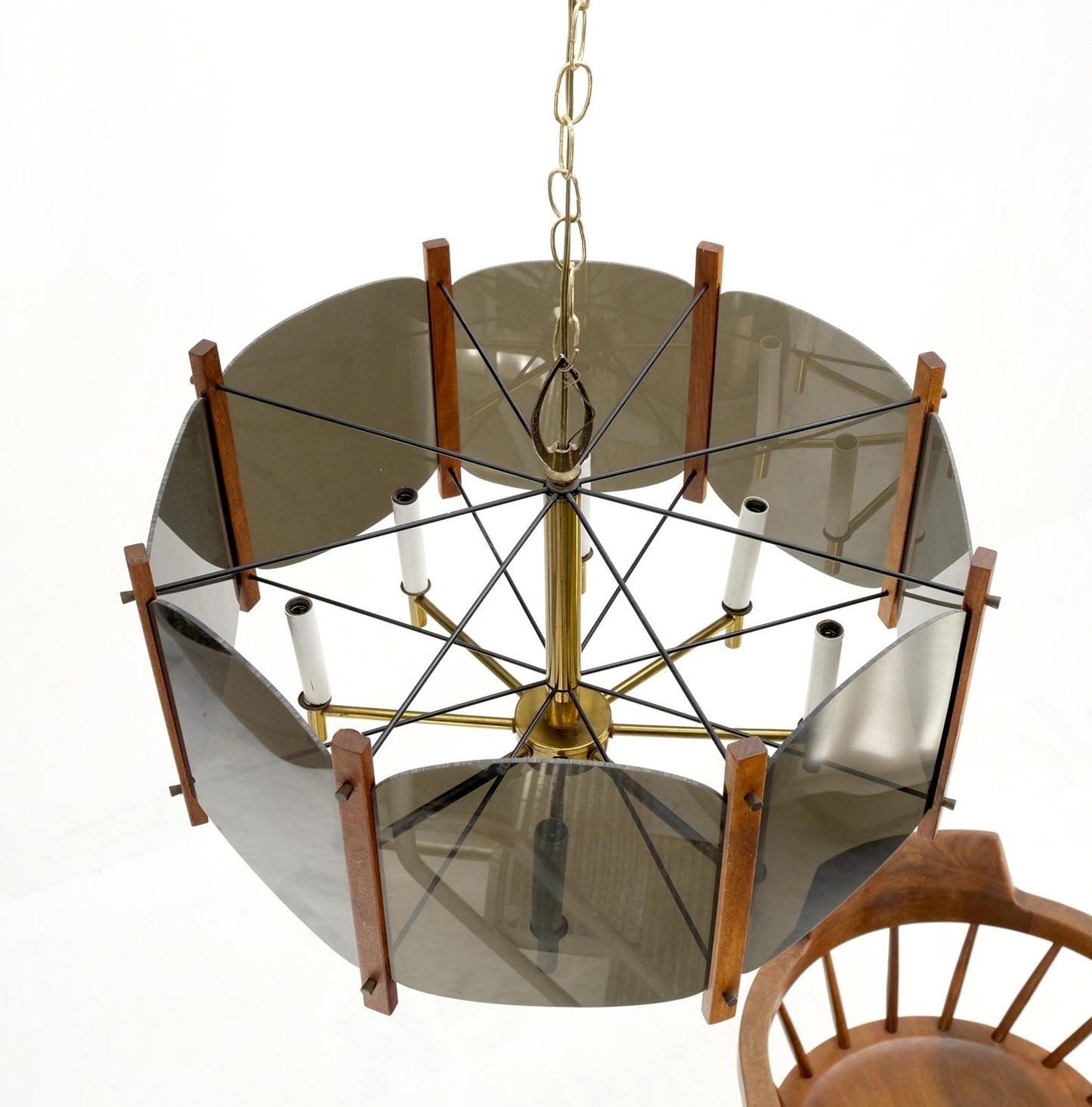 EstablishedLines Mid-Century Modern Walnut Brass Smoked Glass 8 Candles Light Fixture