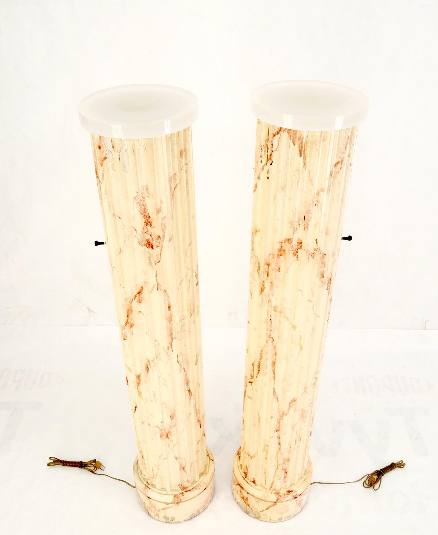 EstablishedLines Pair of Mid-Century Modern Faux Decorated Columns Lighted Pedestals Floor Lamps