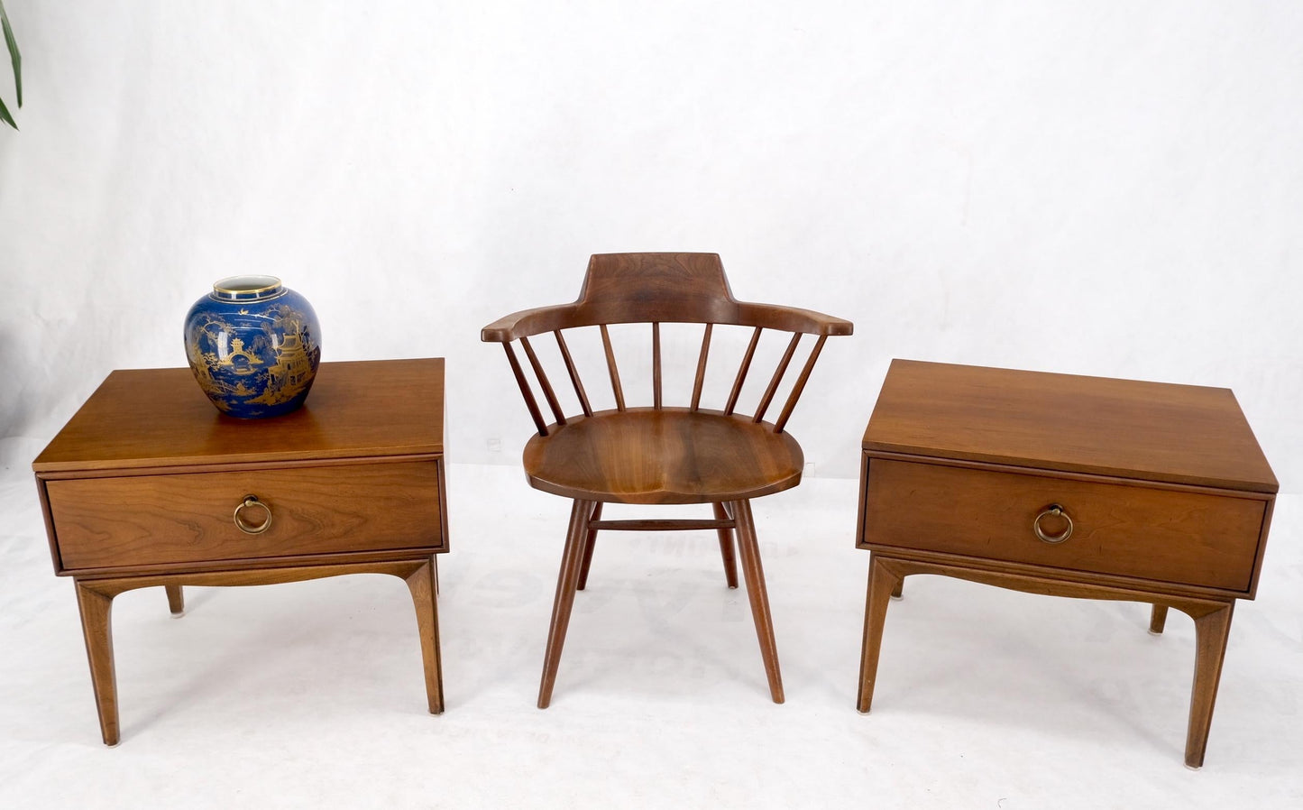 EstablishedLines Pair Mid-Century Modern One Drawer End Side Tables Night Stands Brass Ring Pulls