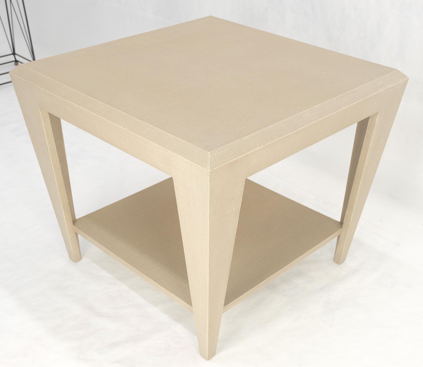 EstablishedLines Lacquered Cloth Rectangle Tapered Legs Two Tier Bottom Shelf Beige End Table