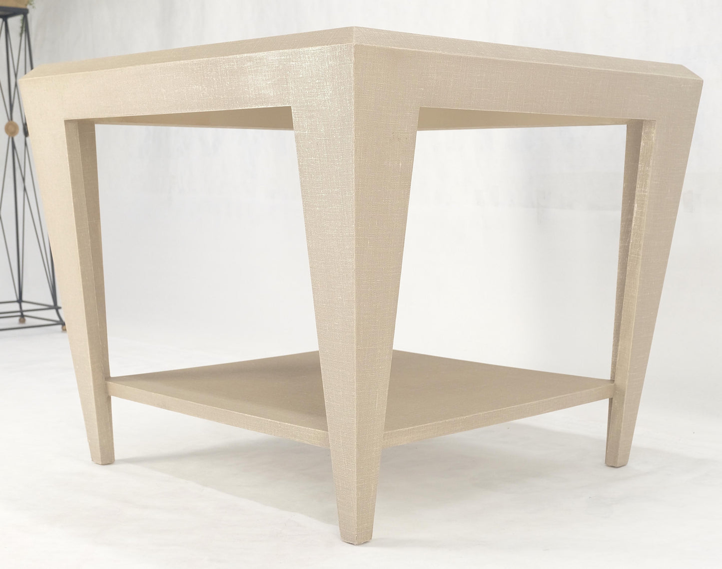 EstablishedLines Lacquered Cloth Rectangle Tapered Legs Two Tier Bottom Shelf Beige End Table