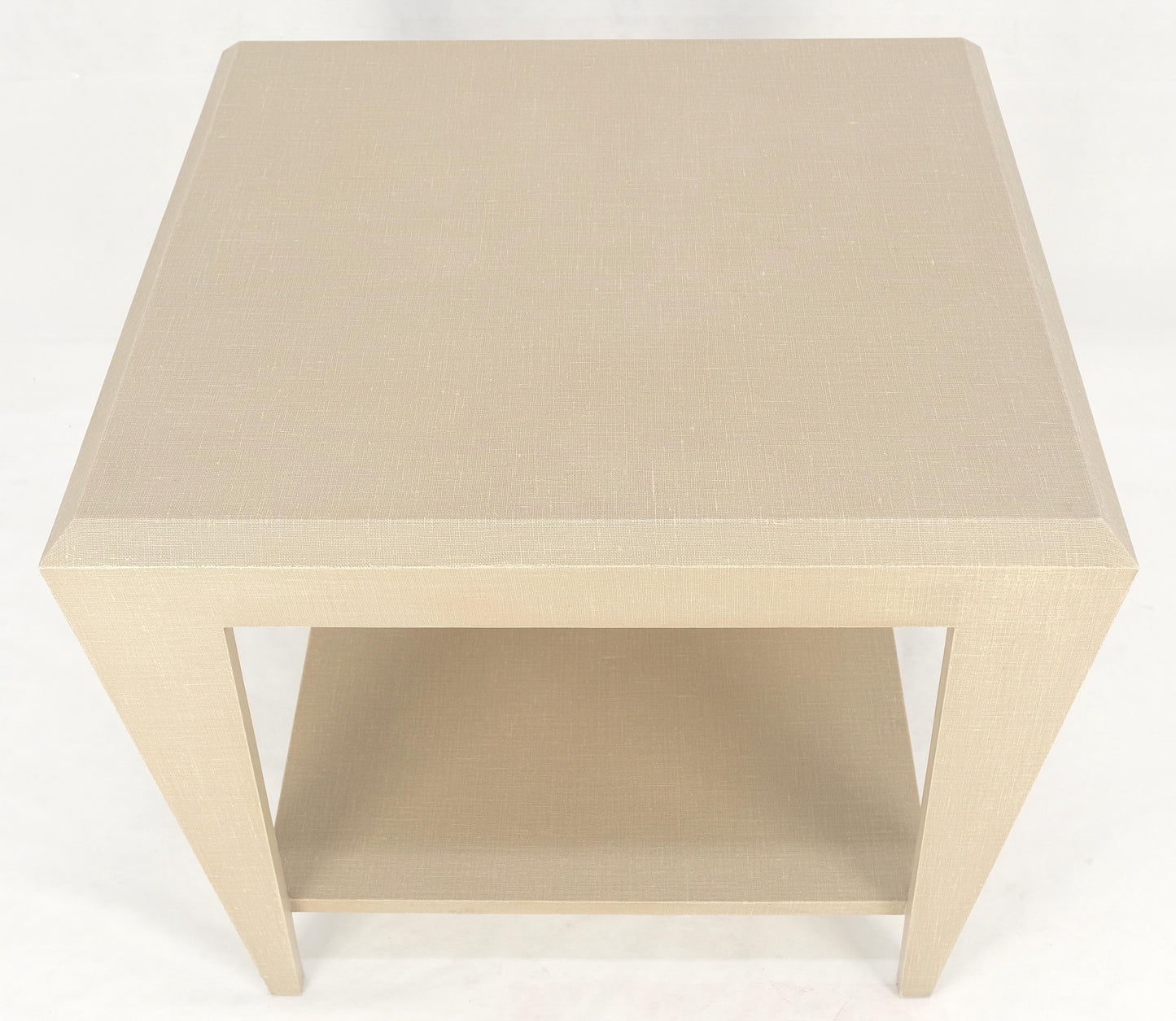 EstablishedLines Lacquered Cloth Rectangle Tapered Legs Two Tier Bottom Shelf Beige End Table