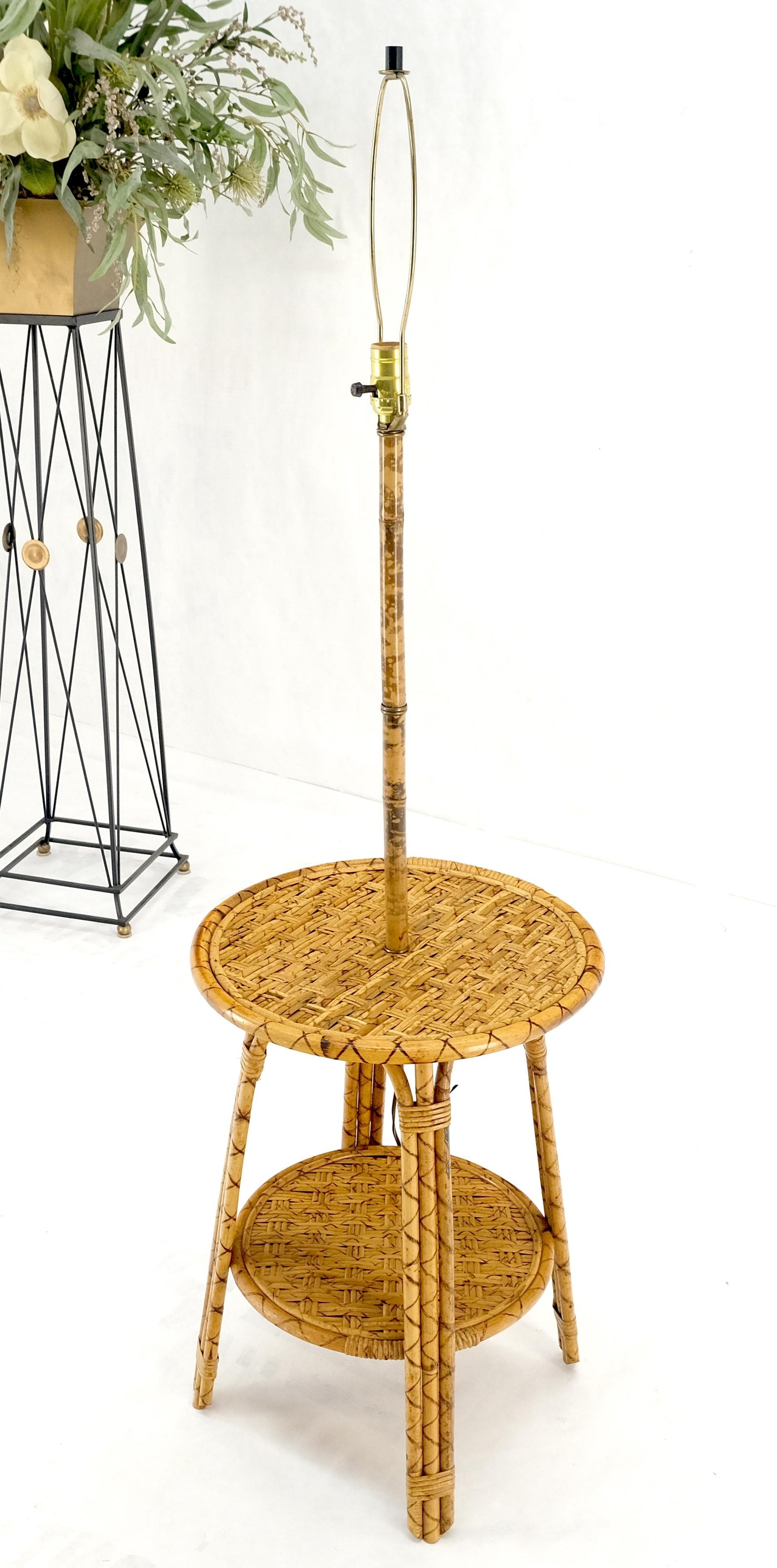EstablishedLines Bamboo Rattan c1970s 4 Legged Two Tier Round Side Table Floor Lamp MINT!