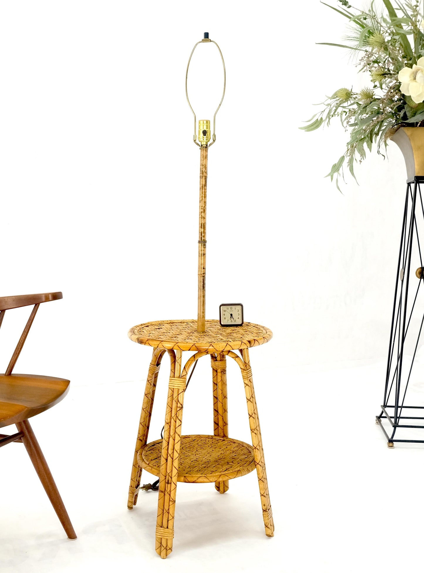 EstablishedLines Bamboo Rattan c1970s 4 Legged Two Tier Round Side Table Floor Lamp MINT!