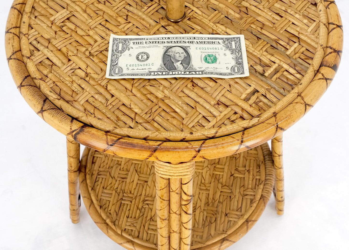 EstablishedLines Bamboo Rattan c1970s 4 Legged Two Tier Round Side Table Floor Lamp MINT!