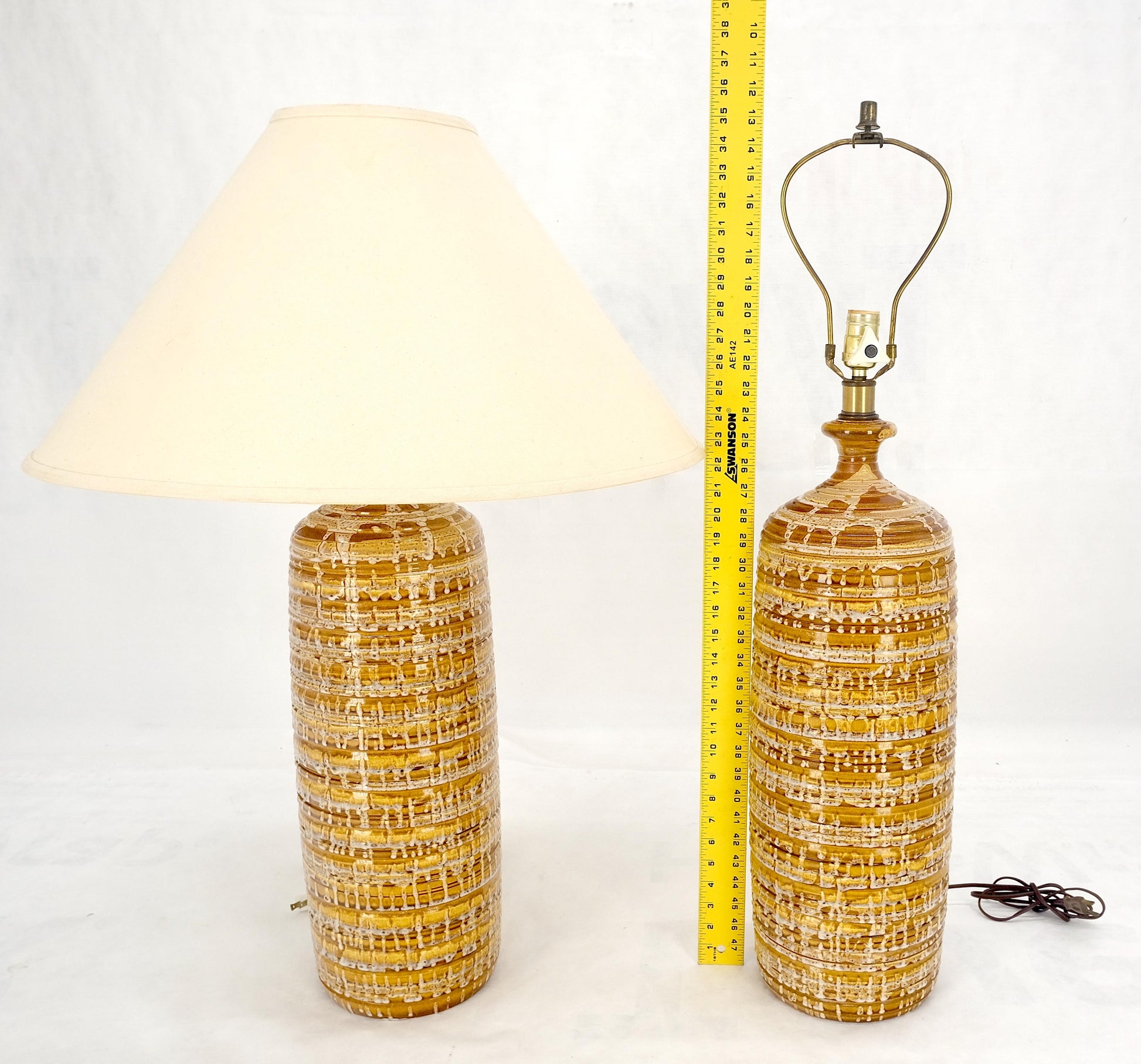 EstablishedLines Pair Italian Brown Cream Yellow Drip Glaze Ceramic Pottery Cylinder Shape Lamps