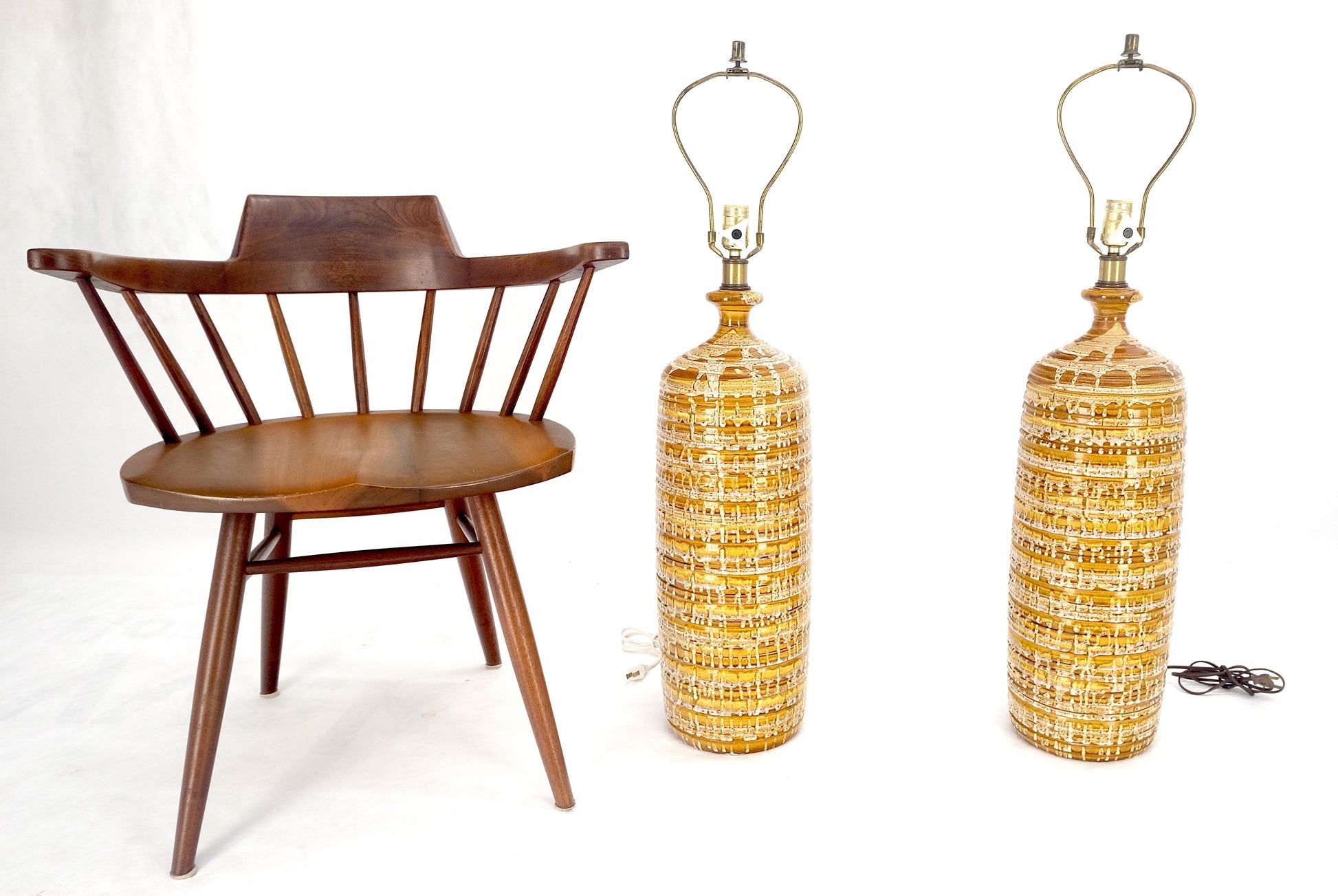 EstablishedLines Pair Italian Brown Cream Yellow Drip Glaze Ceramic Pottery Cylinder Shape Lamps