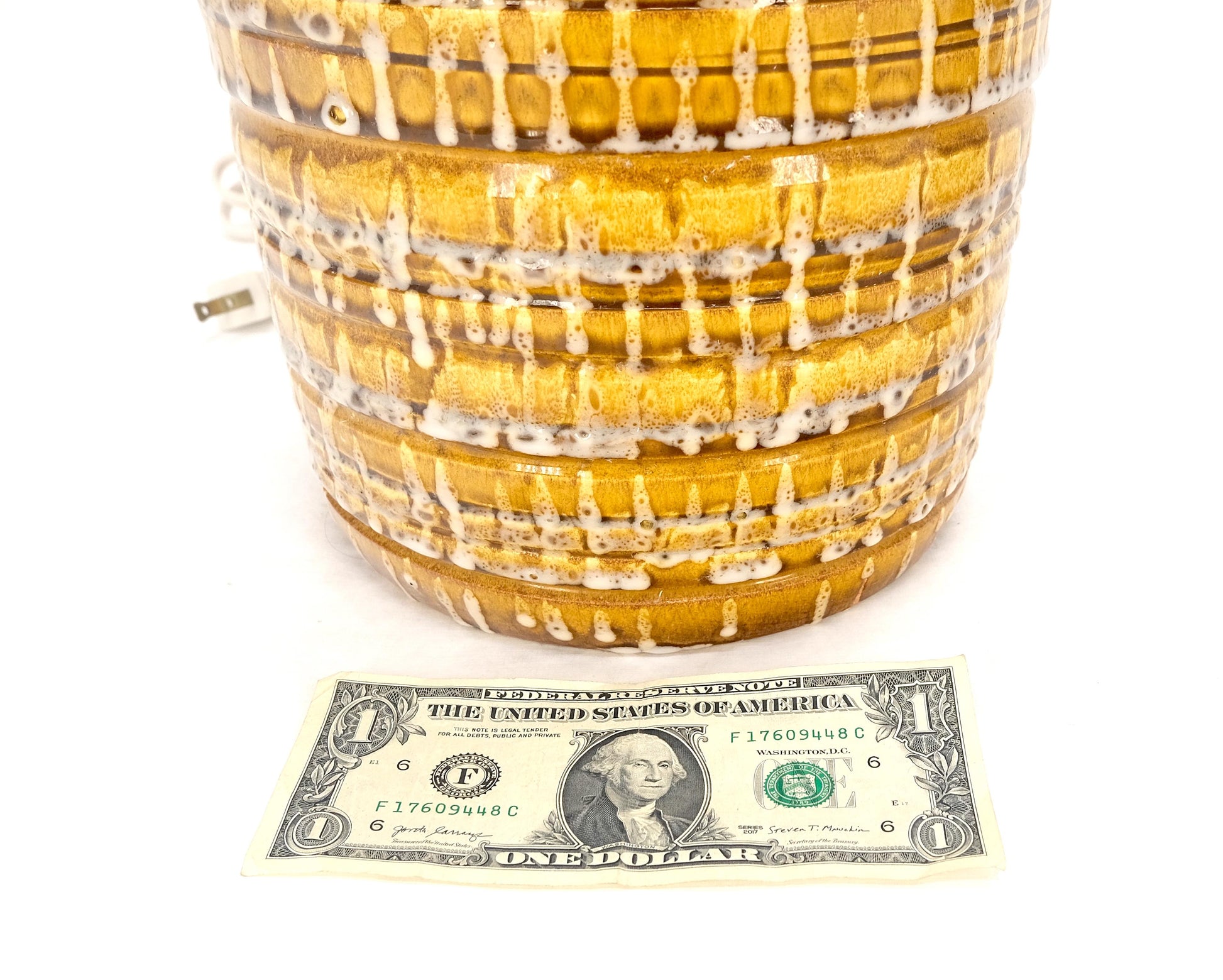 EstablishedLines Pair Italian Brown Cream Yellow Drip Glaze Ceramic Pottery Cylinder Shape Lamps