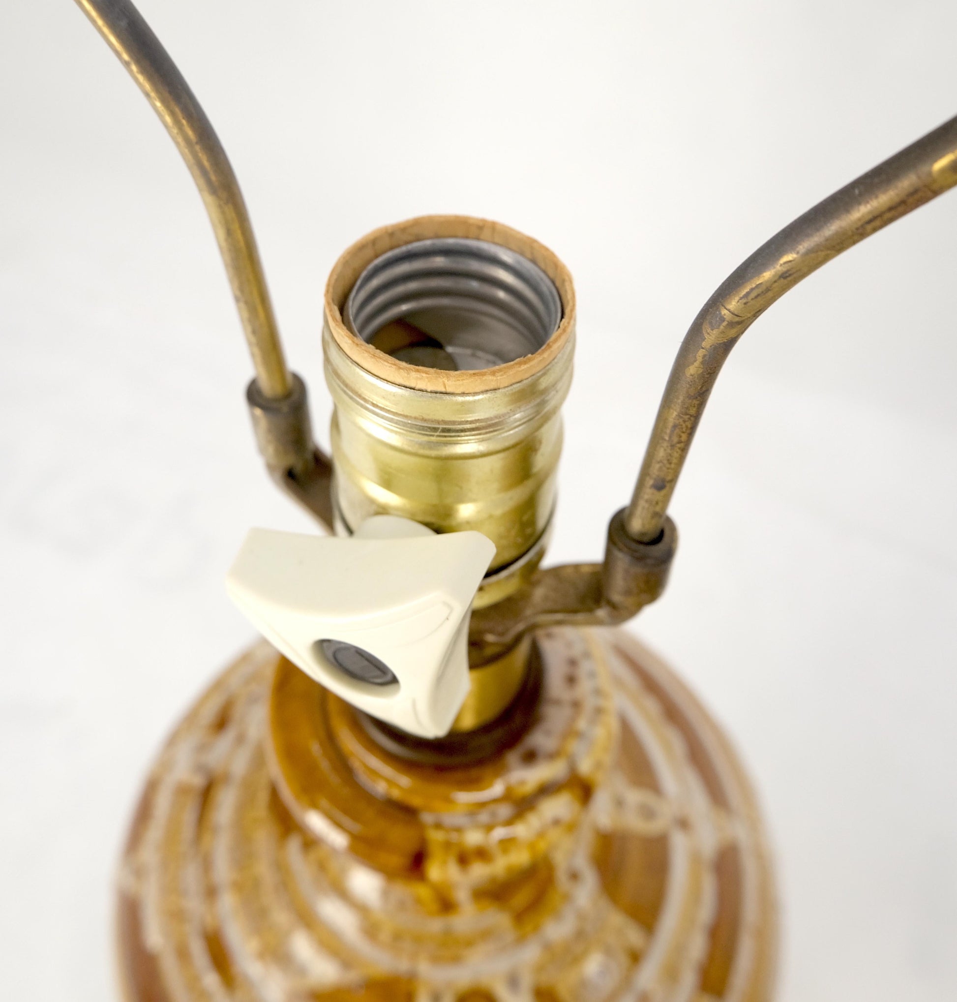 EstablishedLines Pair Italian Brown Cream Yellow Drip Glaze Ceramic Pottery Cylinder Shape Lamps