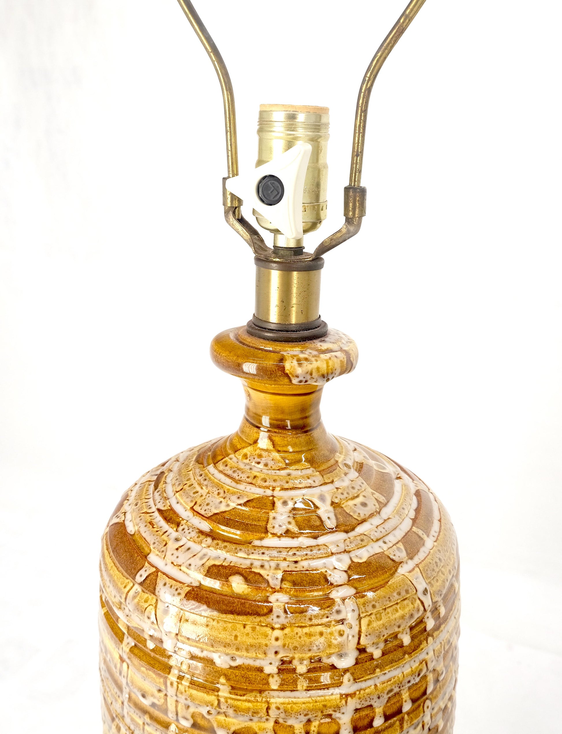 EstablishedLines Pair Italian Brown Cream Yellow Drip Glaze Ceramic Pottery Cylinder Shape Lamps