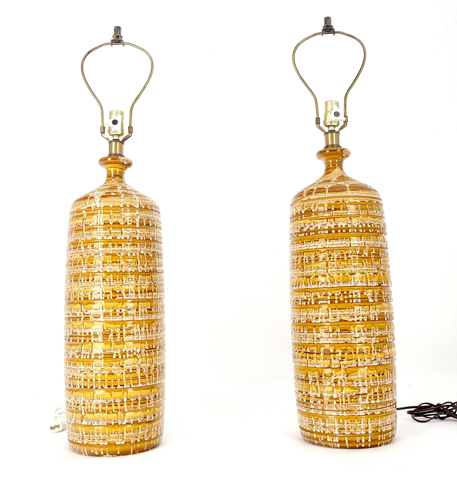 EstablishedLines Pair Italian Brown Cream Yellow Drip Glaze Ceramic Pottery Cylinder Shape Lamps