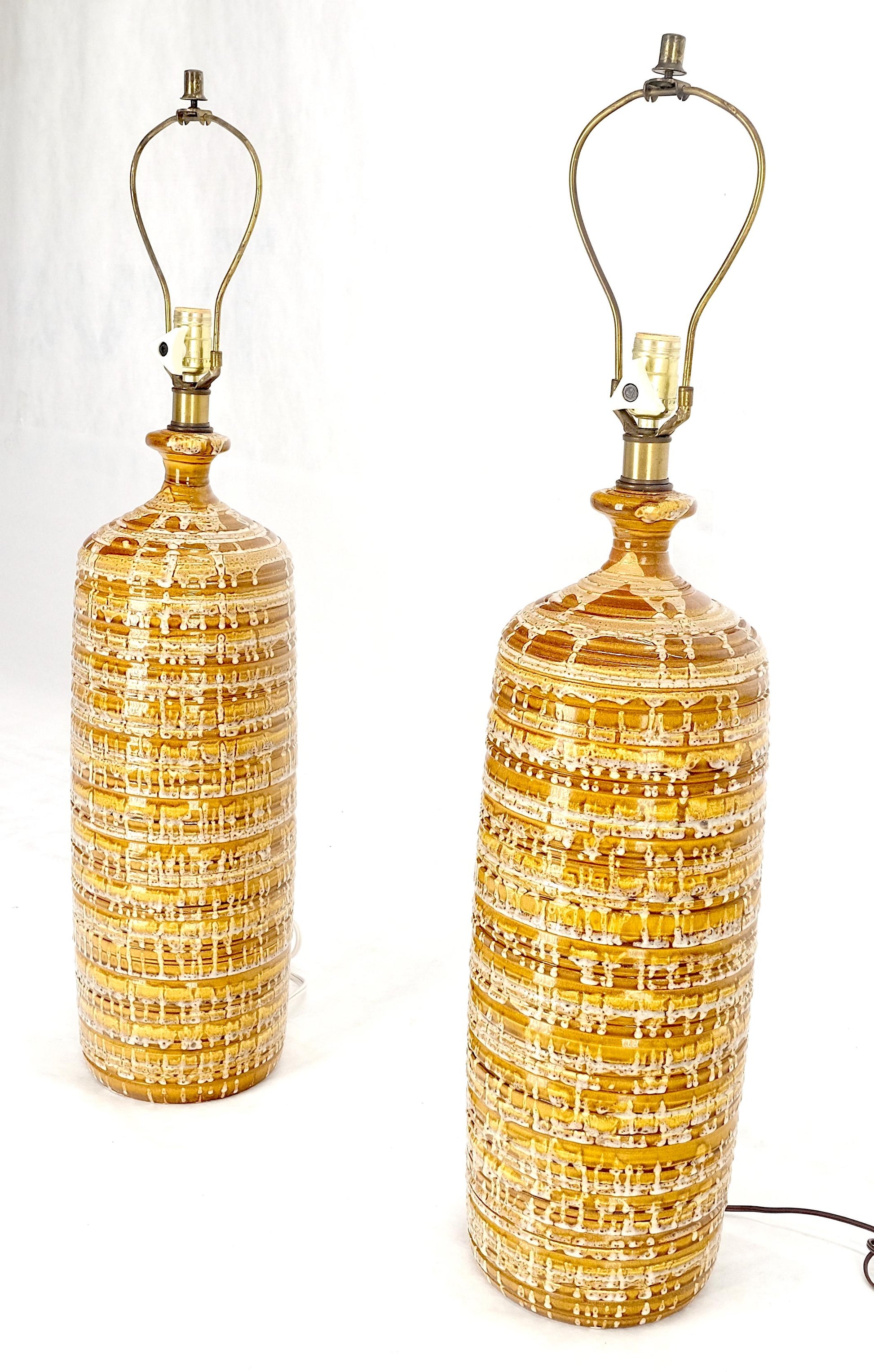 EstablishedLines Pair Italian Brown Cream Yellow Drip Glaze Ceramic Pottery Cylinder Shape Lamps