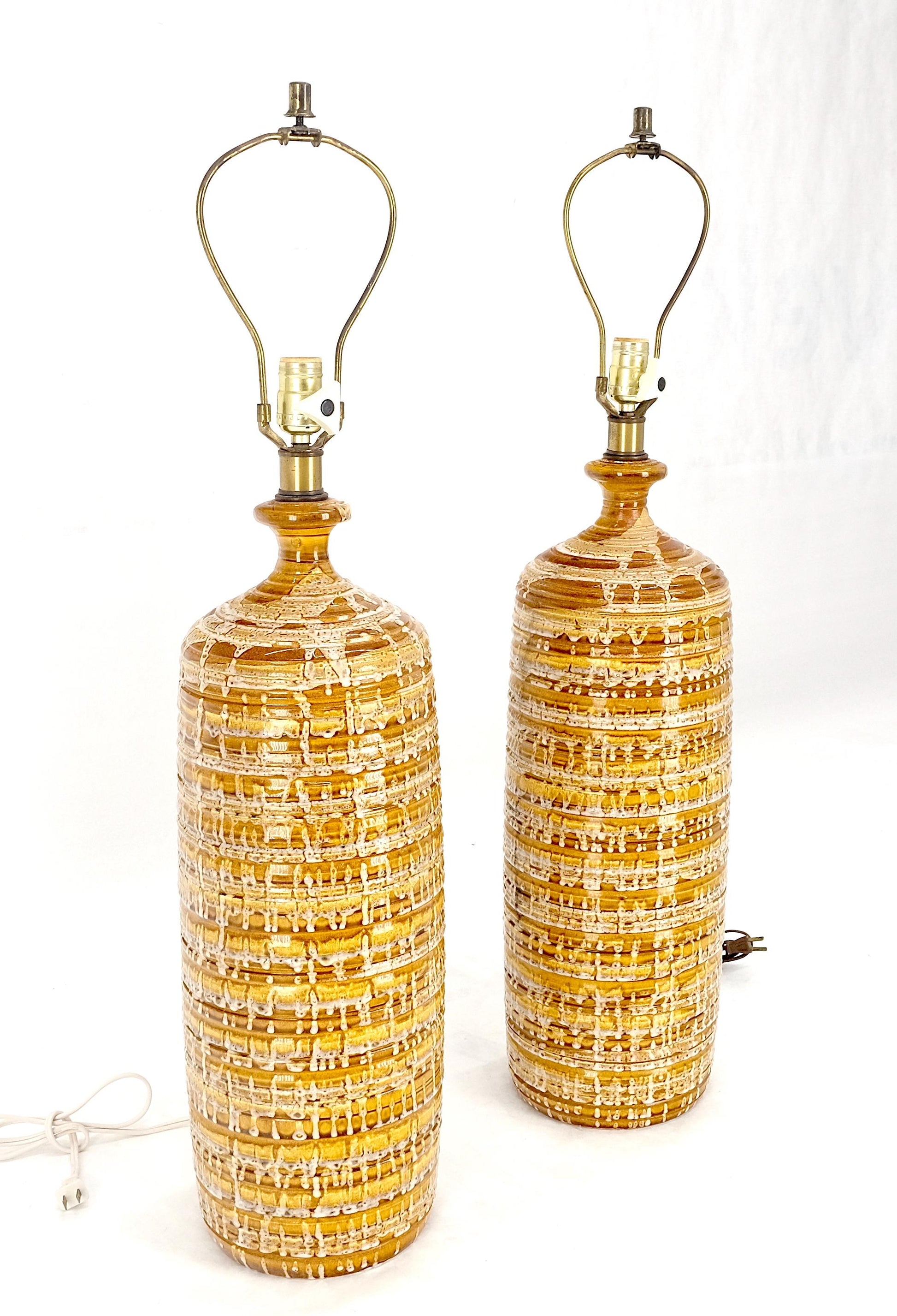 EstablishedLines Pair Italian Brown Cream Yellow Drip Glaze Ceramic Pottery Cylinder Shape Lamps