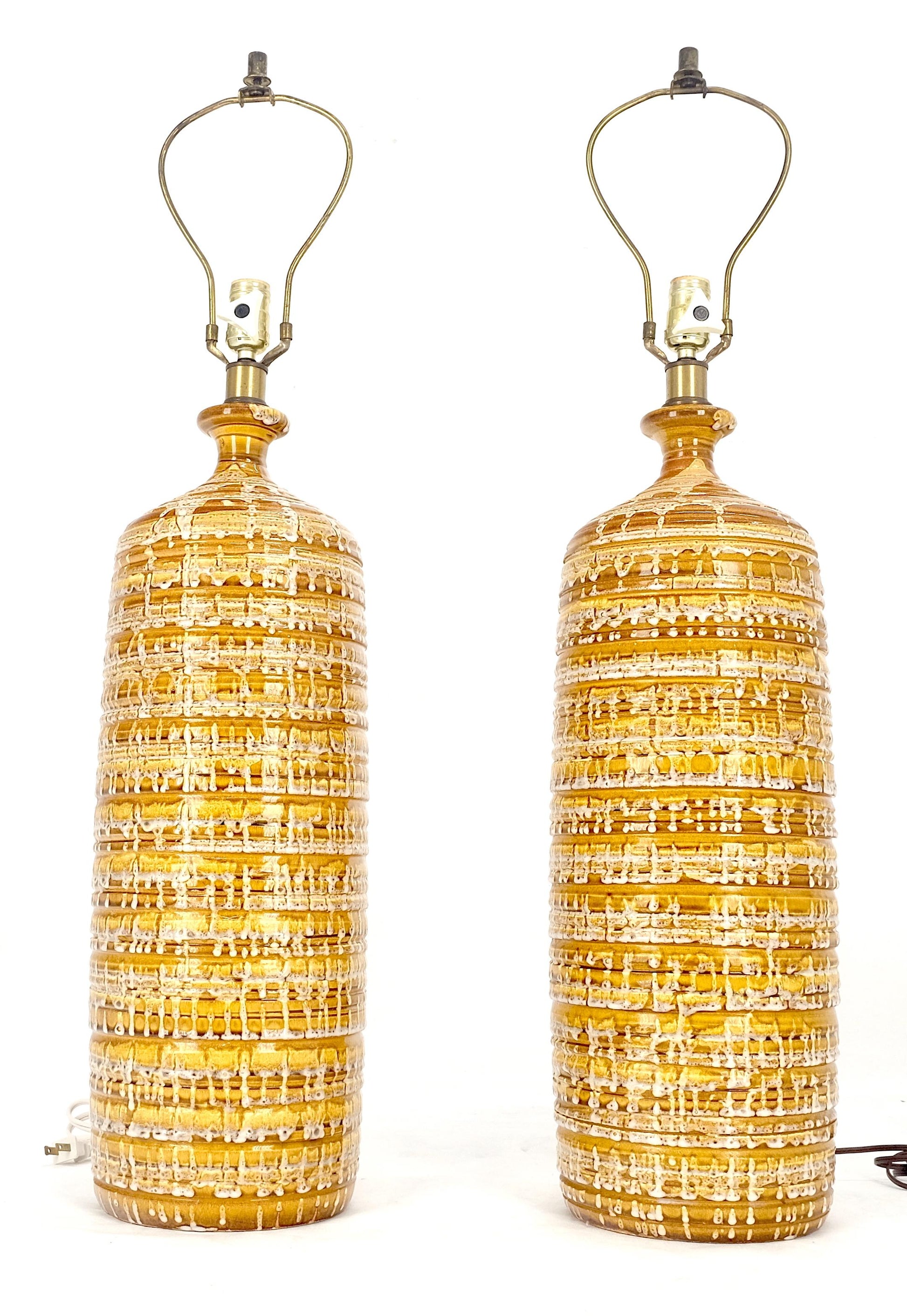 EstablishedLines Pair Italian Brown Cream Yellow Drip Glaze Ceramic Pottery Cylinder Shape Lamps