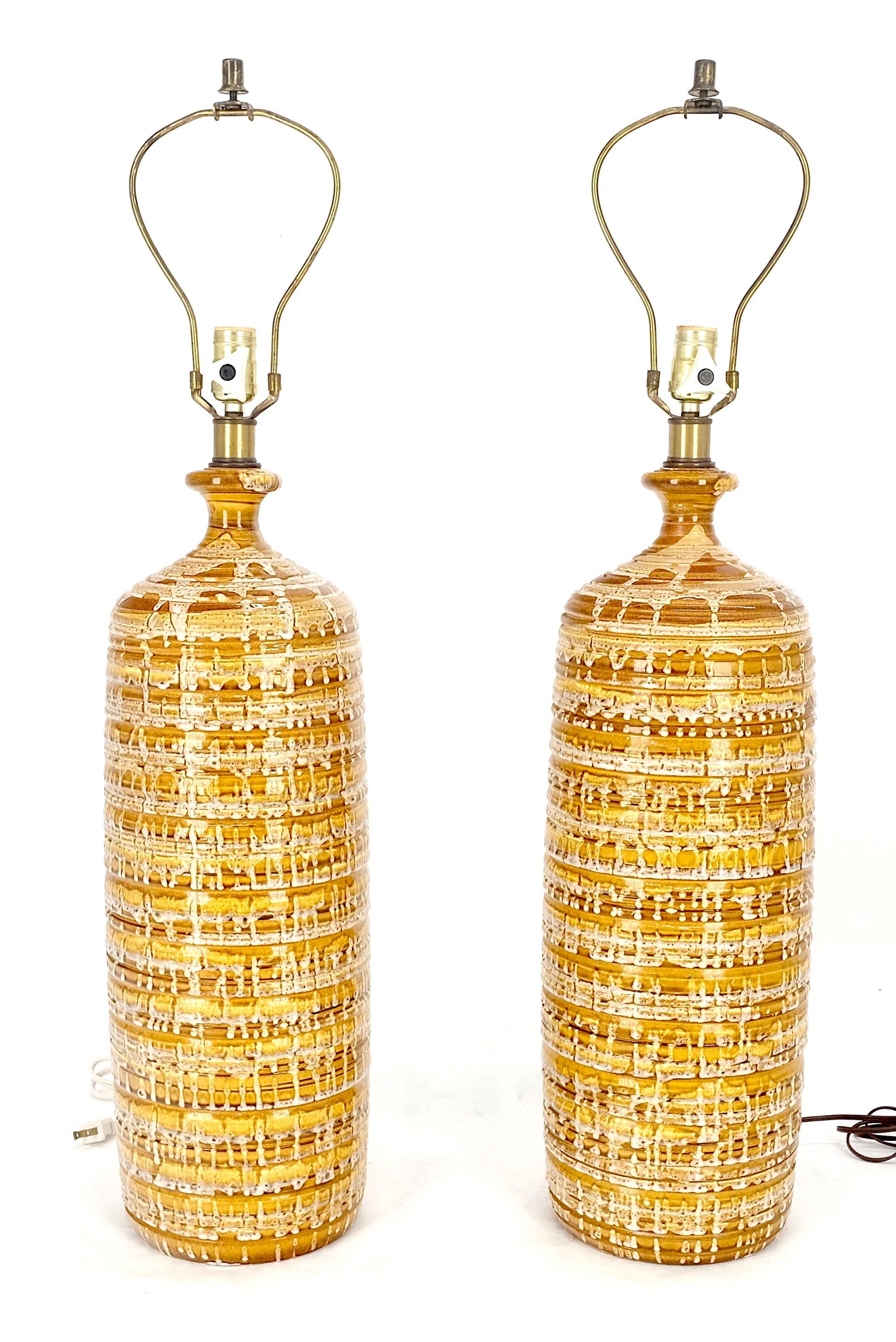 EstablishedLines Pair Italian Brown Cream Yellow Drip Glaze Ceramic Pottery Cylinder Shape Lamps