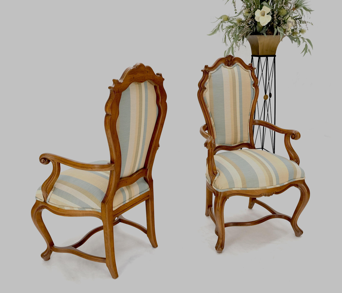 EstablishedLines Pair Carved Striped Upholstery Tall Backs Carved Walnut Scallop Design Decorated