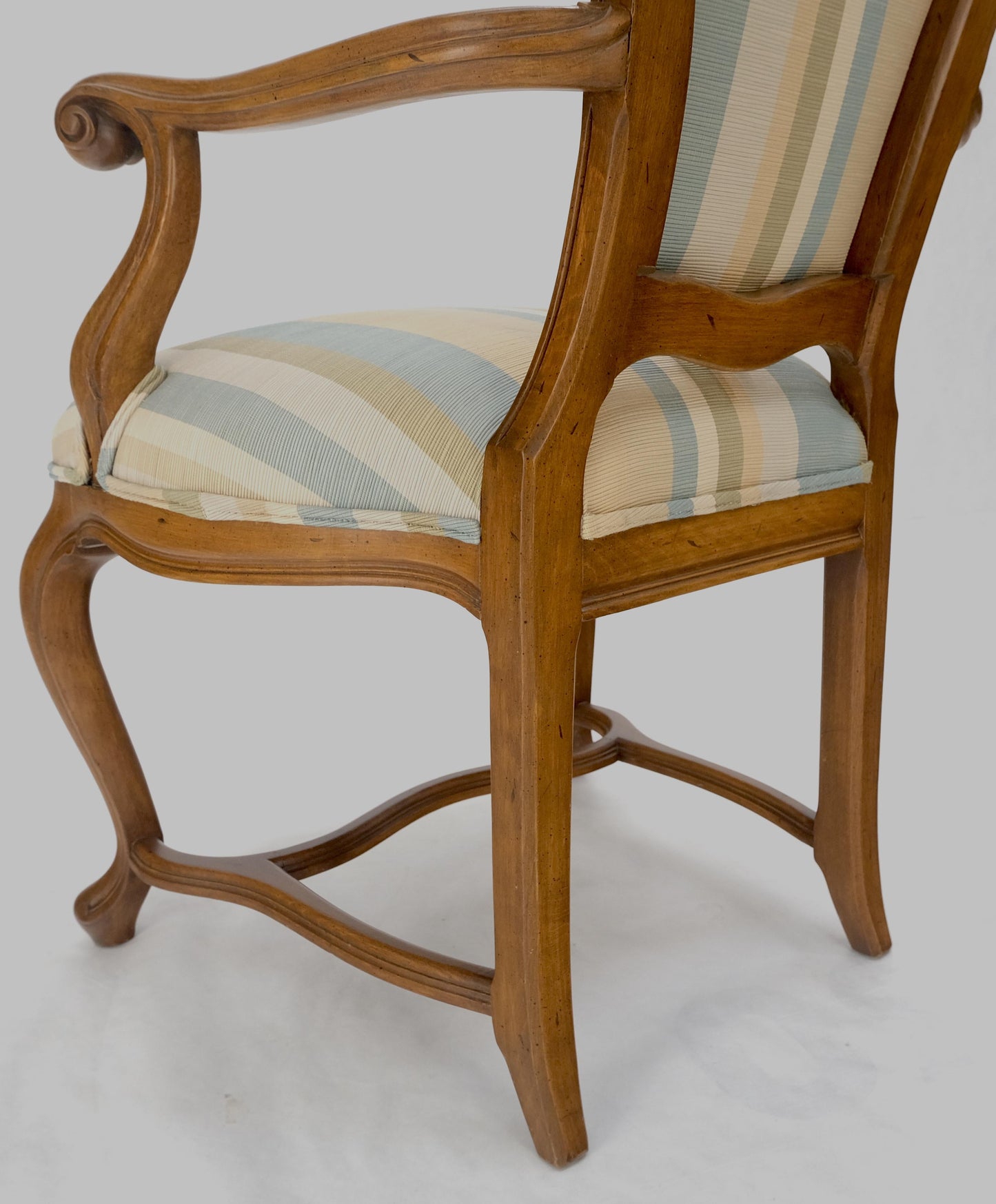 EstablishedLines Pair Carved Striped Upholstery Tall Backs Carved Walnut Scallop Design Decorated