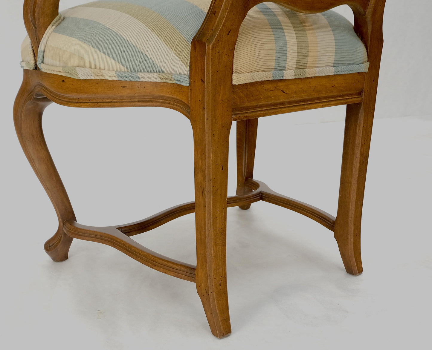 EstablishedLines Pair Carved Striped Upholstery Tall Backs Carved Walnut Scallop Design Decorated