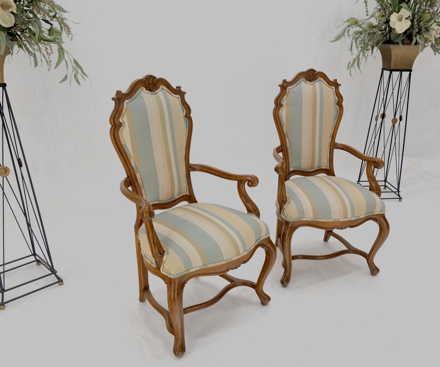 EstablishedLines Pair Carved Striped Upholstery Tall Backs Carved Walnut Scallop Design Decorated