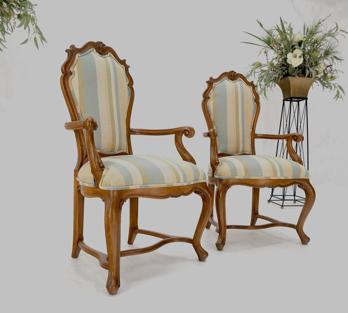 EstablishedLines Pair Carved Striped Upholstery Tall Backs Carved Walnut Scallop Design Decorated