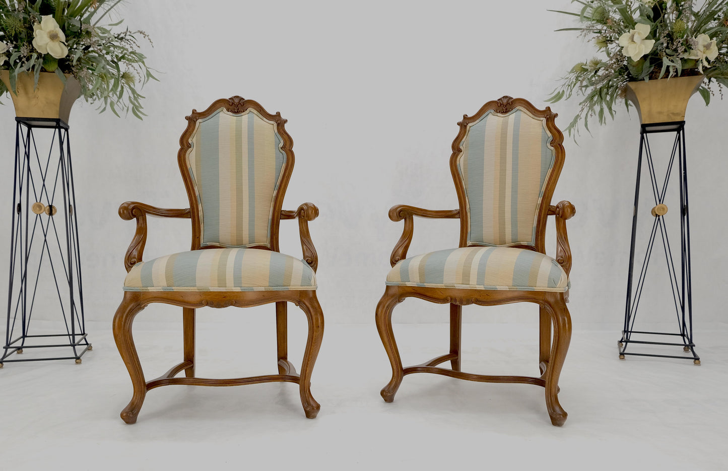 EstablishedLines Pair Carved Striped Upholstery Tall Backs Carved Walnut Scallop Design Decorated