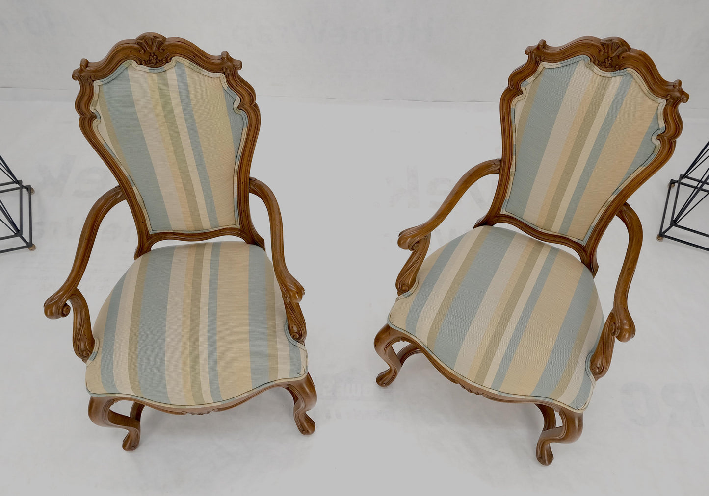 EstablishedLines Pair Carved Striped Upholstery Tall Backs Carved Walnut Scallop Design Decorated