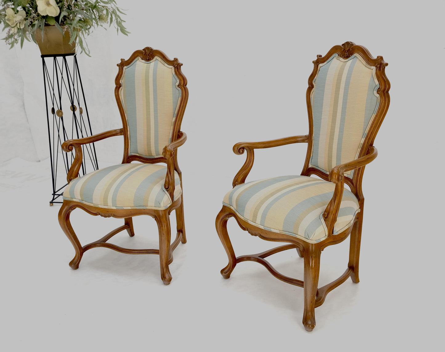 EstablishedLines Pair Carved Striped Upholstery Tall Backs Carved Walnut Scallop Design Decorated